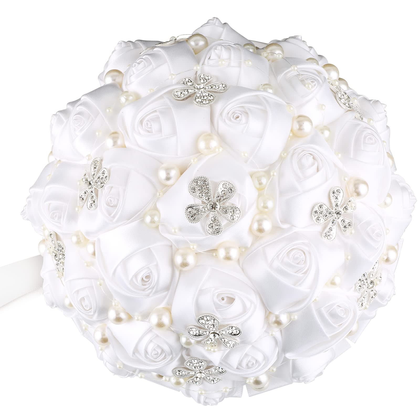 Dlgnoml Handmade Wedding Flowers Bridal Bouquets Crystal Bride Holding Bouquet White Ivory Satin Roses with Diamond Pearl Ribbon.(allwhite)