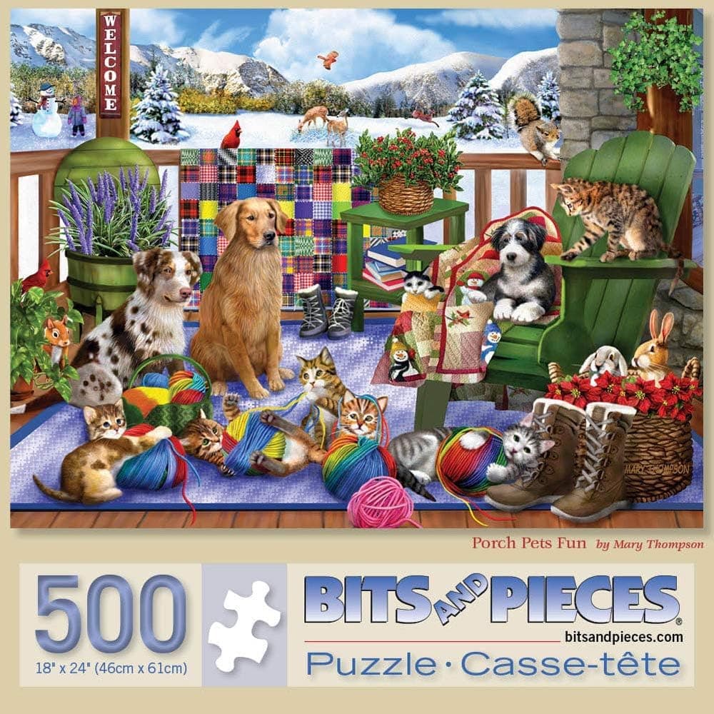 Bits and Pieces – 500 Piece Jigsaw Puzzle for Adults – Porch Pets Fun - Winter Dog Cat Yarn Jigsaw Puzzle by Artist Mary Thompson, Completed Puzzle Size: 18" x 24"