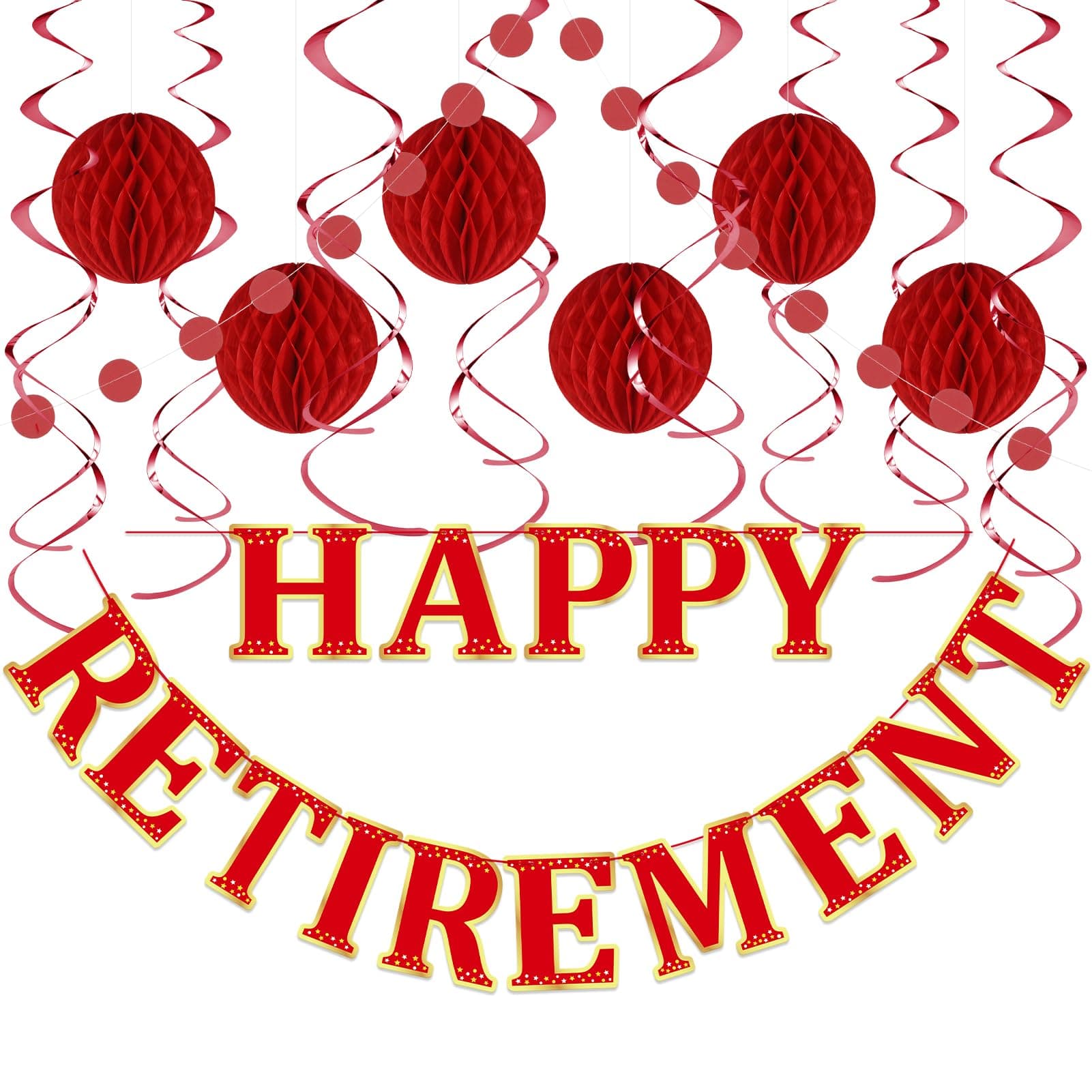 LITAUS, Retirement Party Decorations, NO DIY - Red | Happy Retirement Banner, Honeycomb Balls, Swirls, Garland | Happy Retirement Decorations | Retirement Decorations for Women
