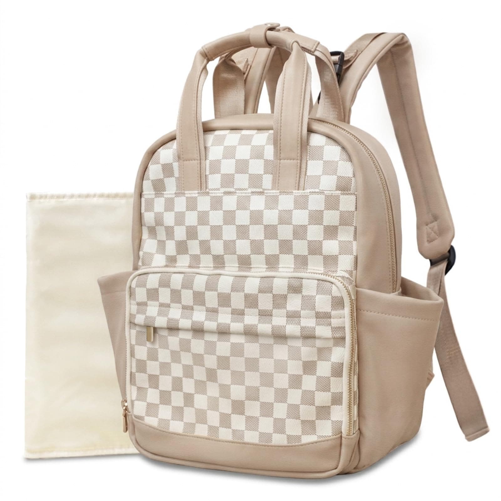 MISS FONG Small Diaper Bag Backpack - Compact Baby Diaper Bag with Changing Pad, 14 Pockets, Insulated Bottle Pockets, Stroller Straps, Luggage Sleeve, Checkered Leather Diaper Backpack for Mom- White