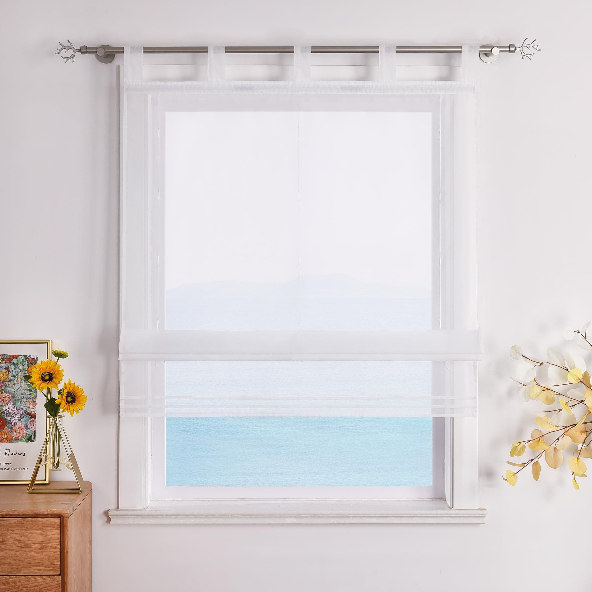 ESLIR Roman Blind with Loops, Kitchen Curtains, Transparent Tab-Top Curtains, Modern Voile White, W x H 120 x 155 cm, Pack of 1