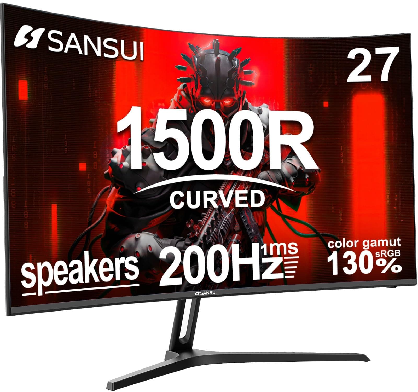 SANSUI 27 Inch Curved Gaming Monitor 200Hz 1ms with Speakers FHD 1080P Computer Monitor FreeSync|1500R|130% sRGB|HDR|Low Blue Light|HDMI DP Ports|VESA Mount|Metal Stand(ES-G27C1 HDMI Cable Incl.)