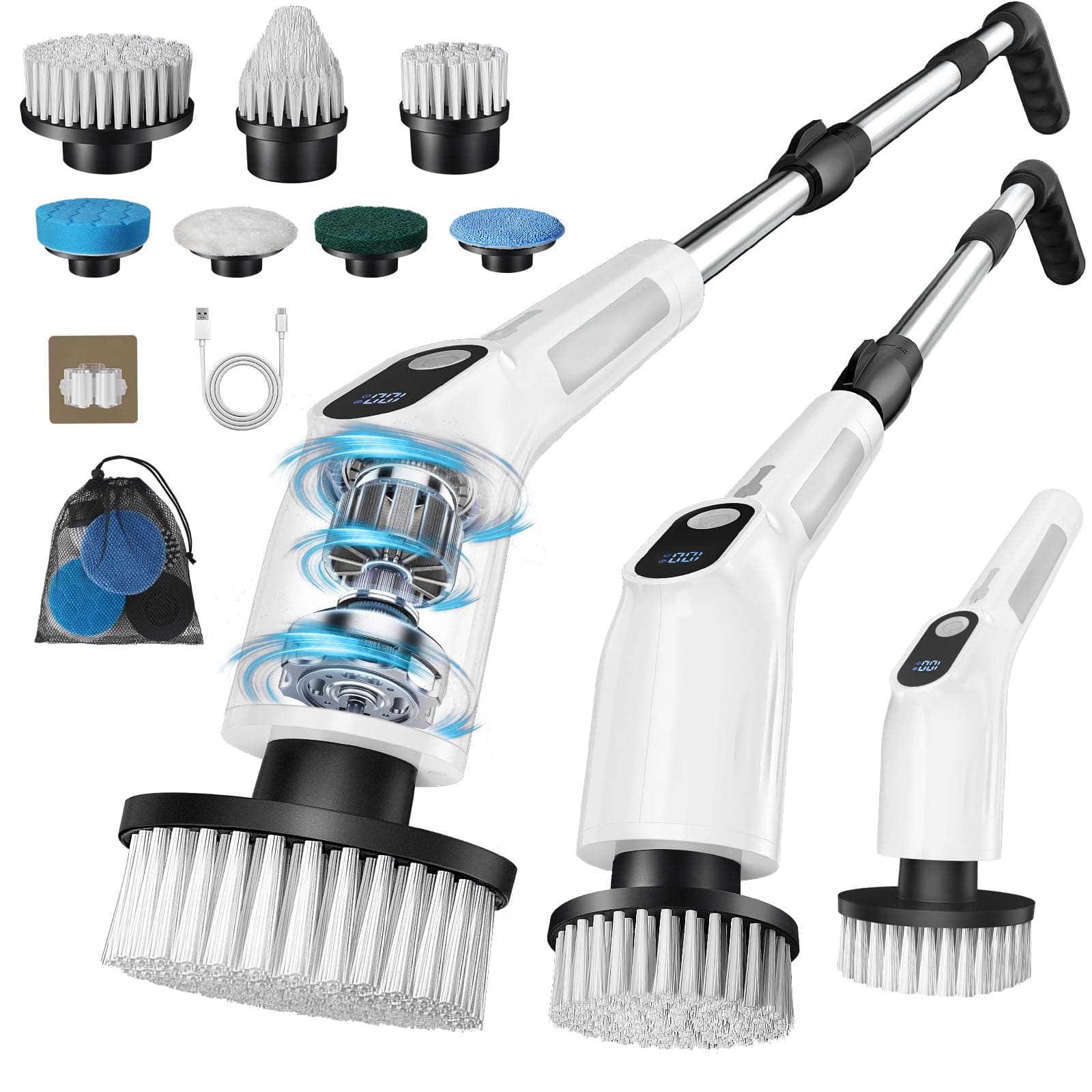 Benlari 7 in 1 Electric Spin Scrubber, Cordless Bathroom Cleaning Brush, 480RPM Power Scrubber - 4000mAh Battery with Adjustable Extension Handle & 7 Brush Heads(White)