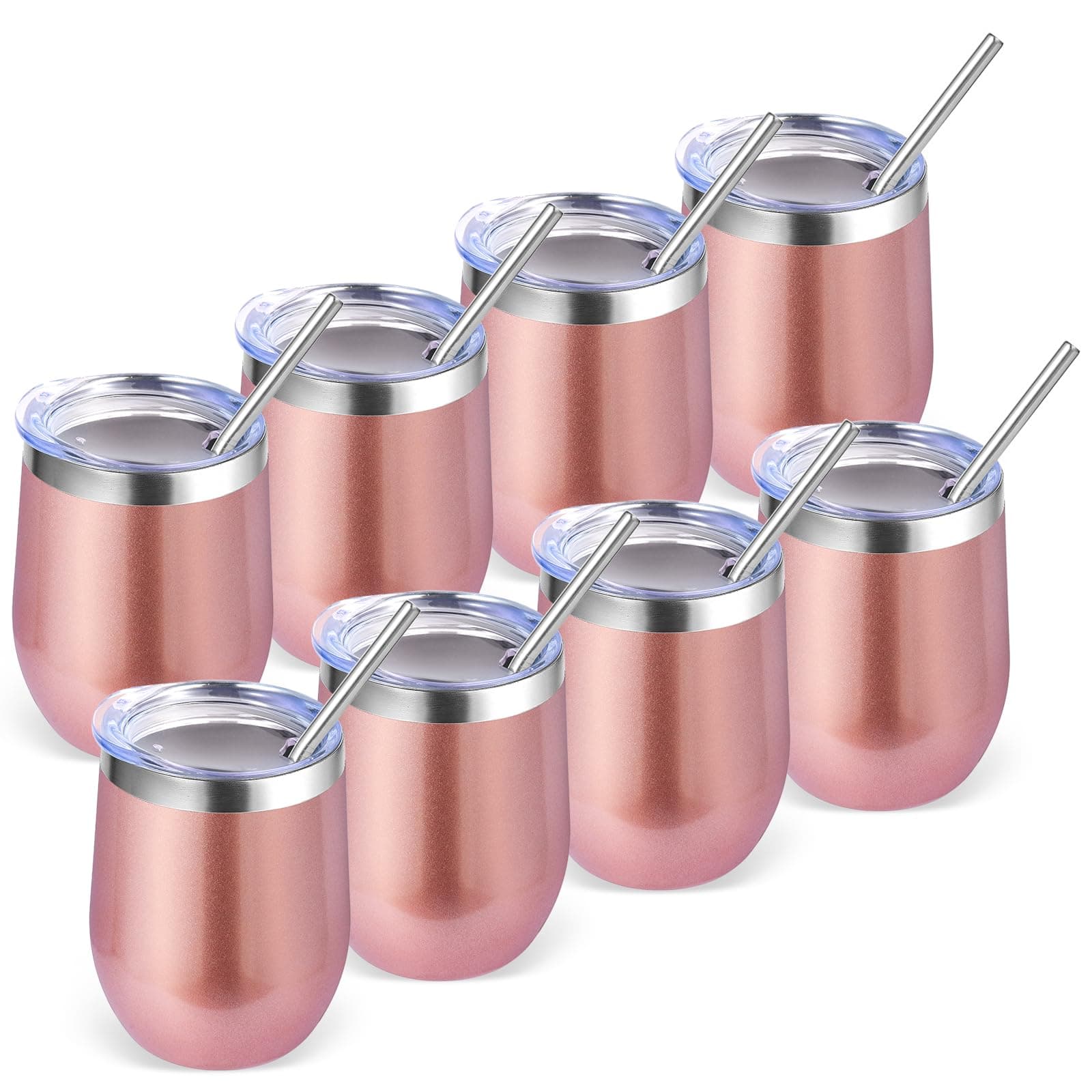 Volhoply 12oz Stainless Steel Wine Tumbler with Lid Bulk 8 Pack,Double Wall Vacuum Stemless Wine Glasses,Reusable Metal Travel Coffee Mug with Straw,Insulated Cup Gifts for Christmas(Rose Gold,8 Set)