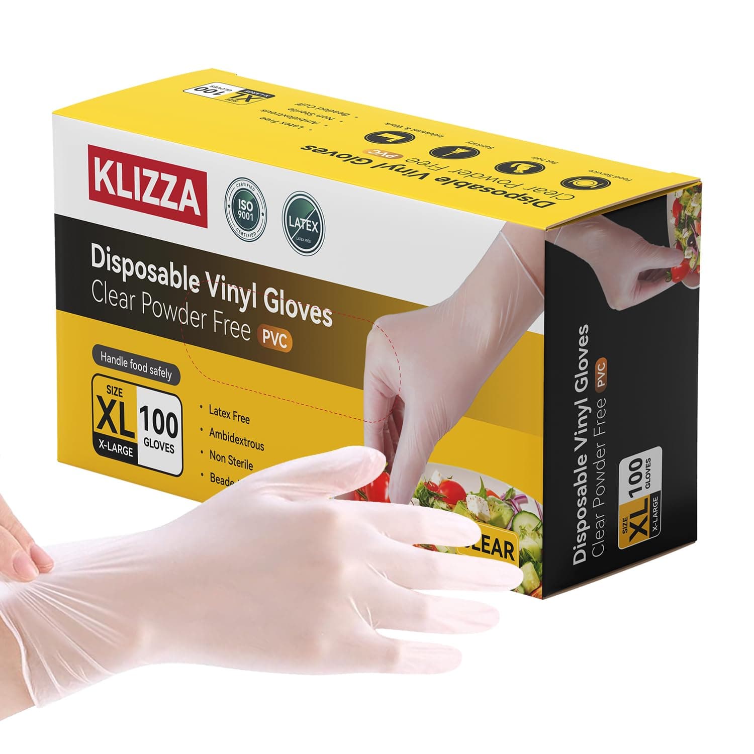 KLIZZA Disposable Vinyl Gloves 100 Count, Latex-Free, Powder Free, Thick Clear Food Grade Gloves Safe for Food Prep, Kitchen, Cooking, Cleaning, Household, Medium