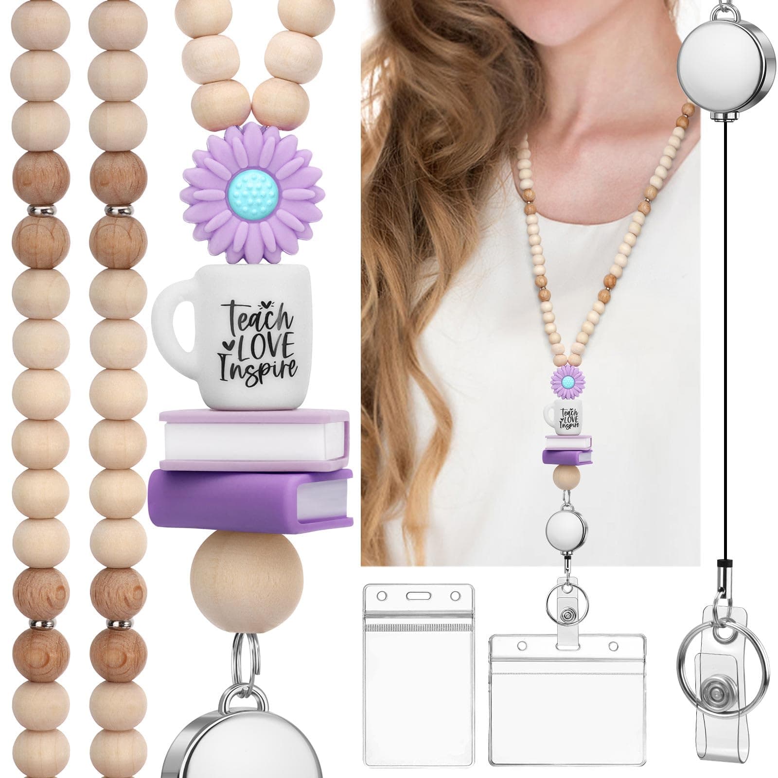 YAVVOZH Teacher Lanyard with Id Holder, Retractable Lanyards for Id Badges Keys, Cute Wooden Beaded Lanyard for Women, Purple