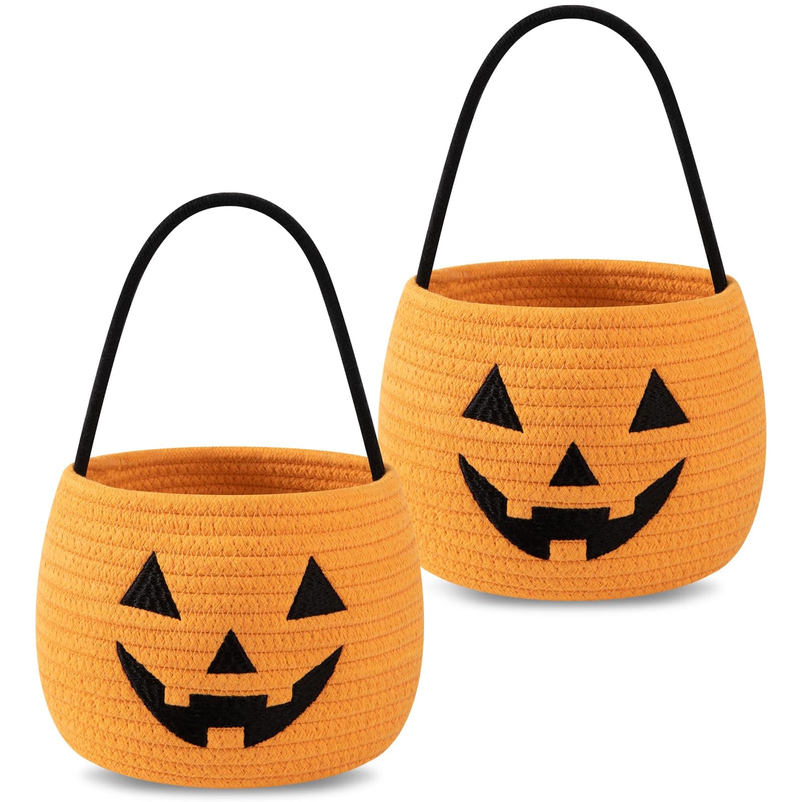 OIAHOMY 2 Pack Halloween Pumpkin Basket for Kids, Woven Rope Candy Basket, Halloween Decorations, Girls/Boys Gift Baskets Empty, Orange