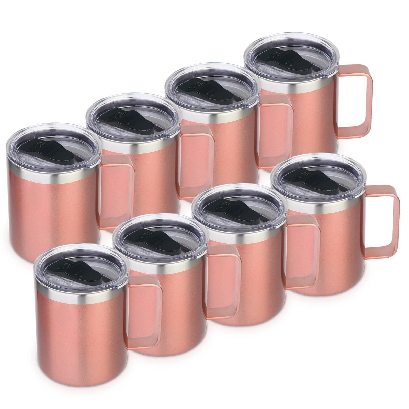 Volhoply 14oz Insulated Stainless Steel Coffee Mug with Lid Bulk 8 Pack,Double Wall Vacuum Travel Coffee Cup with Handle,Reusable Metal Cups Tumbler,Camping Mugs Keep Hot/Cold(Rose Gold,8)