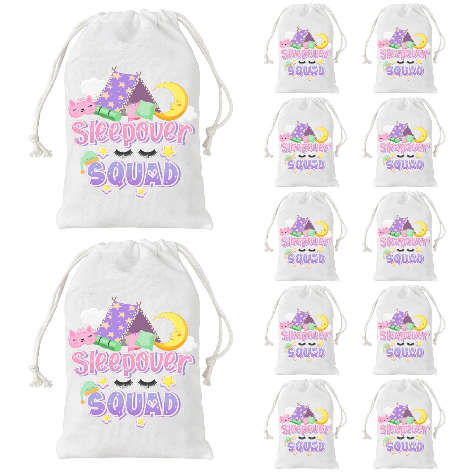 Serencatcher 12Pcs Pajama Drawstring Bags, Sleep Over Party for Decorations, Sleepover Squad Gift Treat Goodie Bags for Pajama Slumber Sleepover Spa Makeup Party Favors Decorations