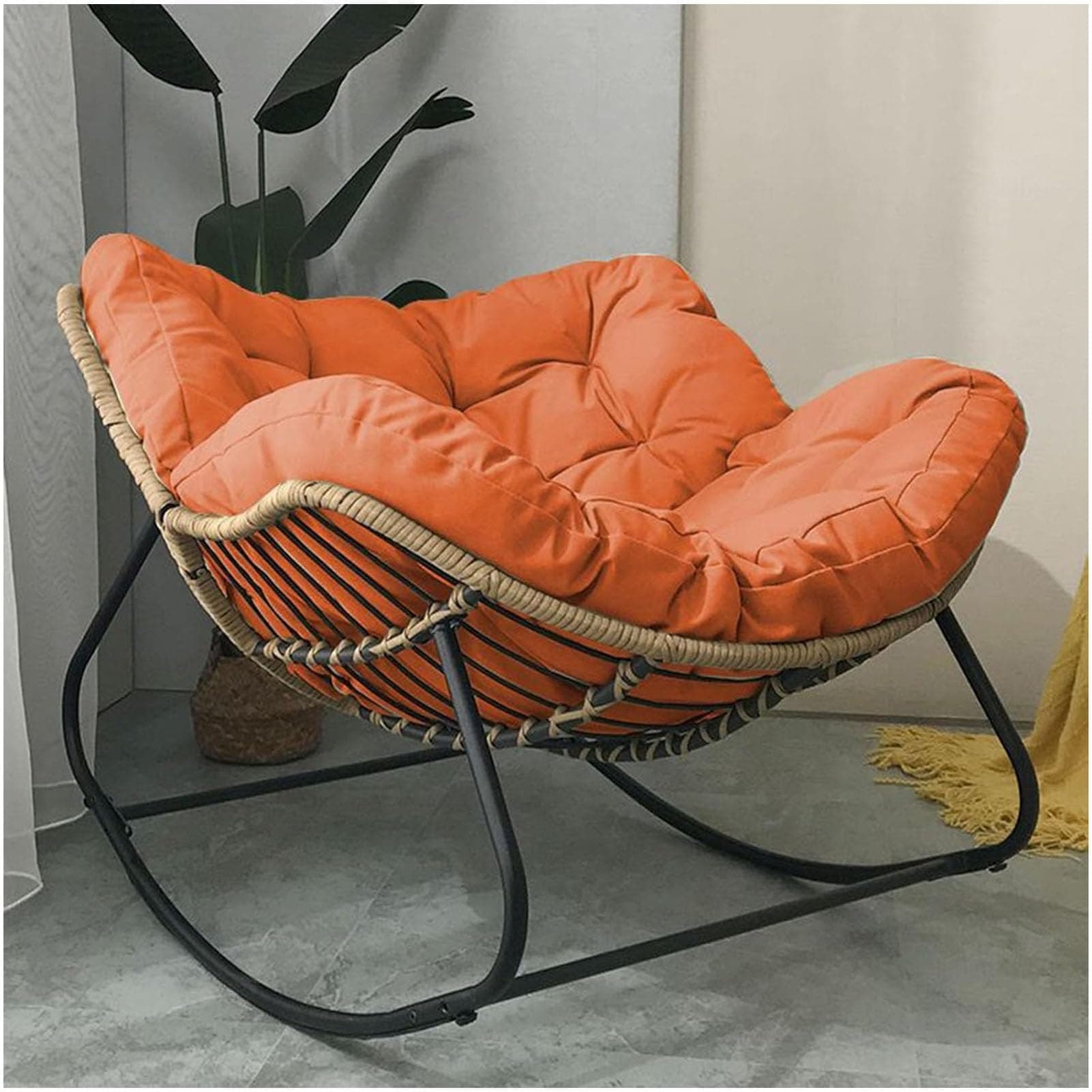 10PCS Outdoor Papasan Rocking Chair Patio Egg Chair with Padded Cushion, Cozy Comfy Chair Rattan Wicker Lounge Chair for Indoor Porch Garden Living Room (Orange) 10PCS