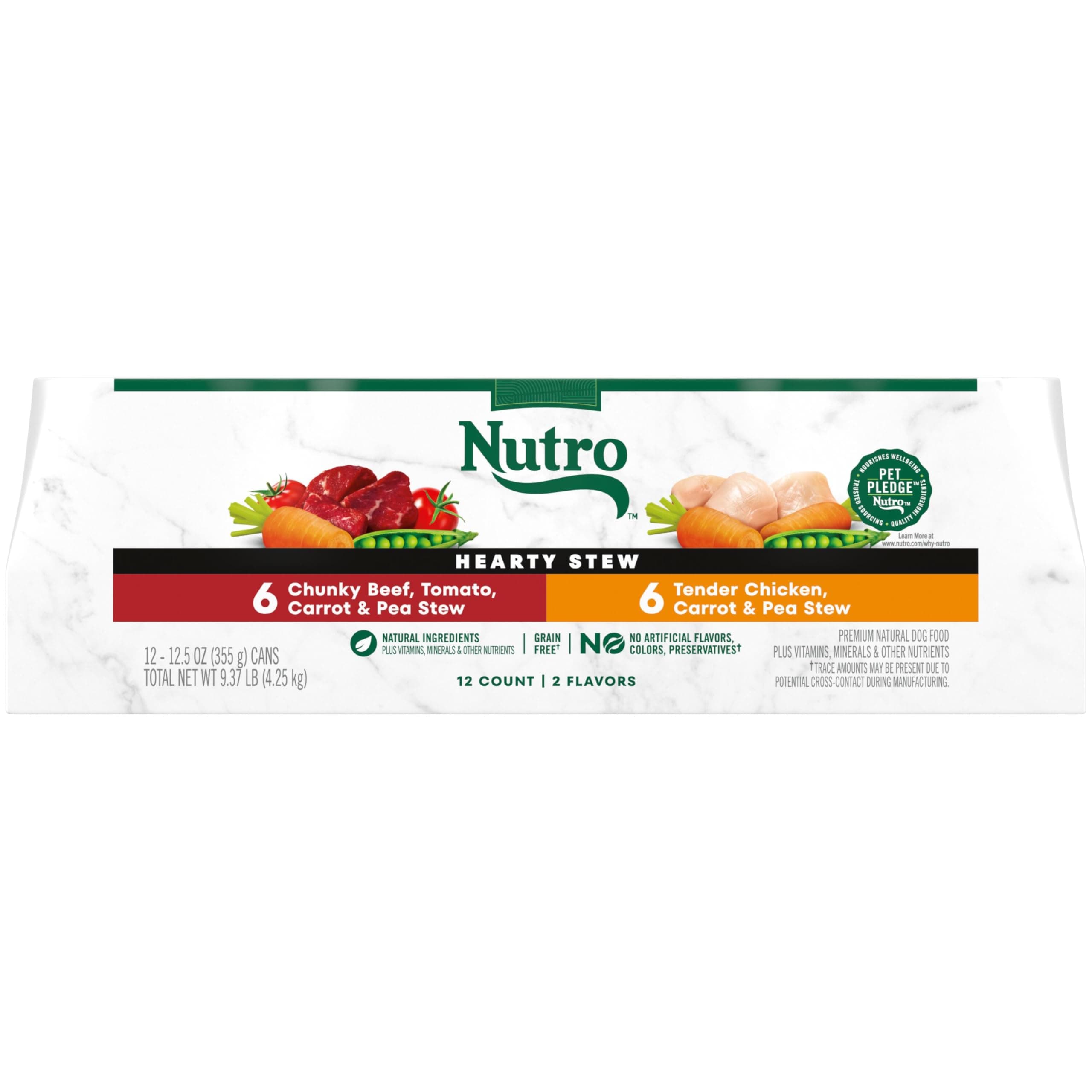 Nutro Hearty Stew Canned Wet Dog Food, Natural Grain Free Dog Food Wet Cuts in Gravy Chicken Beef Variety Pack, 12.5 oz Cans (12 Count, Pack of 1)