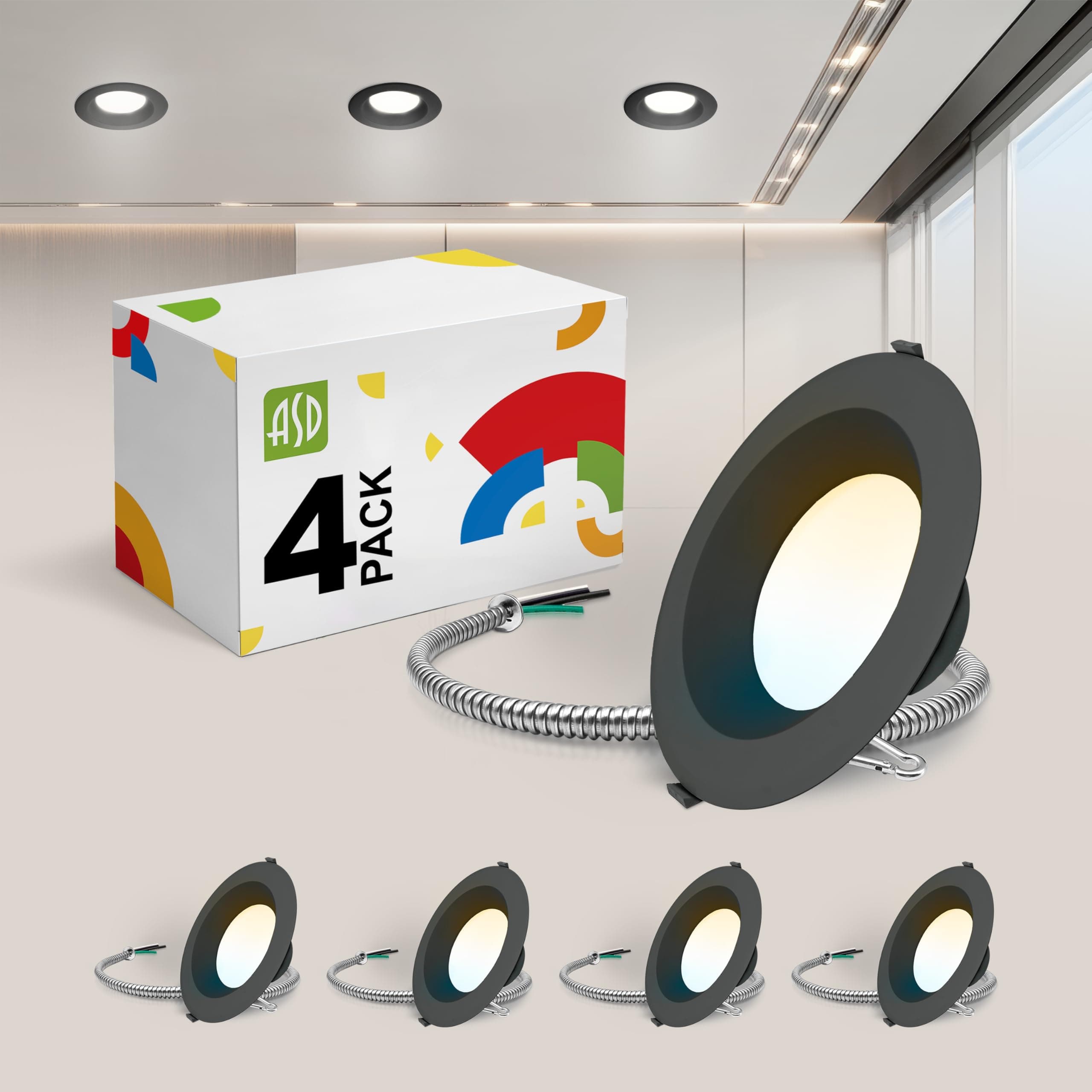 ASD 8 Inch Commercial Canless LED Downlight, Power Adjustable 12/20/30W Lighting, Dimmable Recessed Ceiling Light Fixture, 5 Color Temperatures 2700K-5000K, 120-277V IC Rated UL & Energy Star 4 Pack