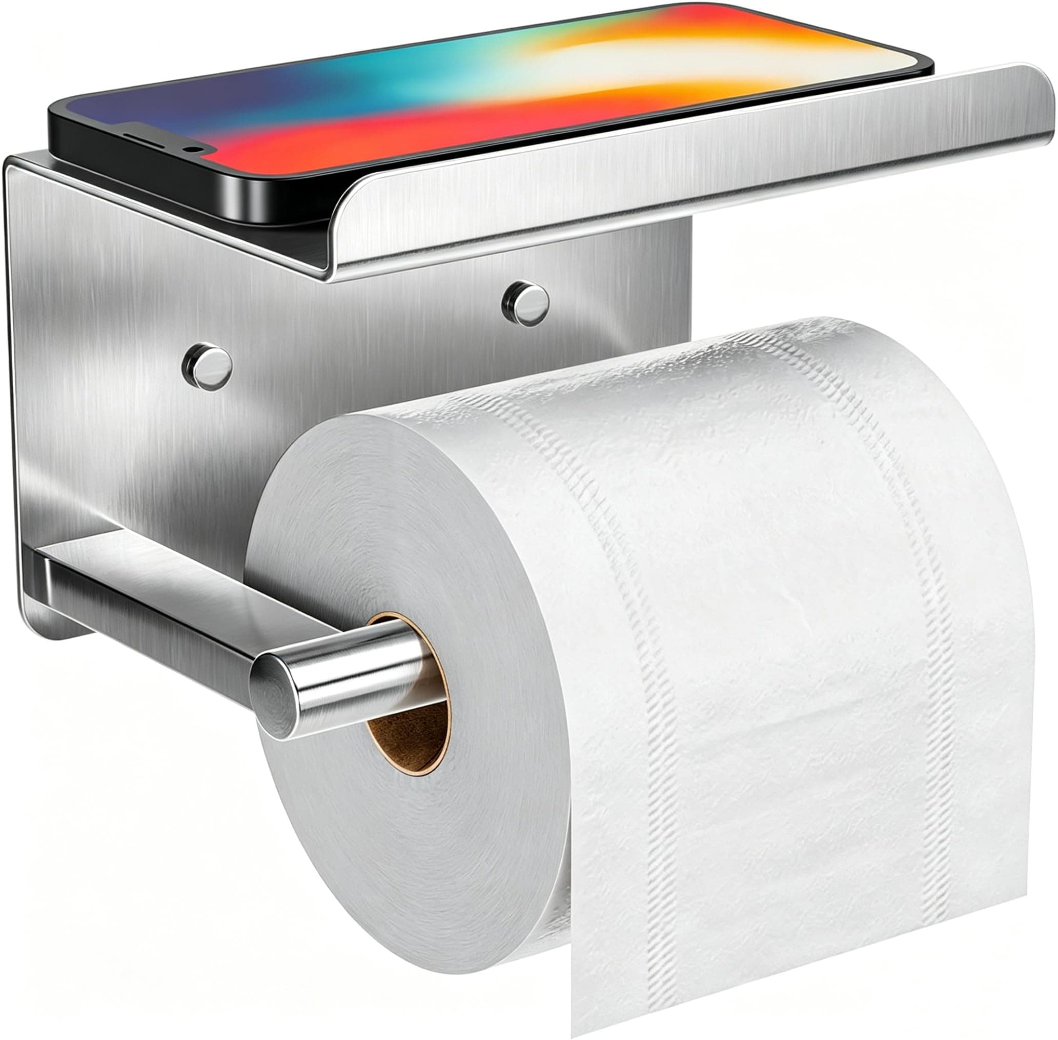 Adhesive Toilet Paper Holder with Phone Shelf, Wall Mounted Toilet Paper Roll Holder, Rustproof Bathroom Tissue Roll Holder with Shelf, Sticky Toilet Paper Roll Holder- Silver