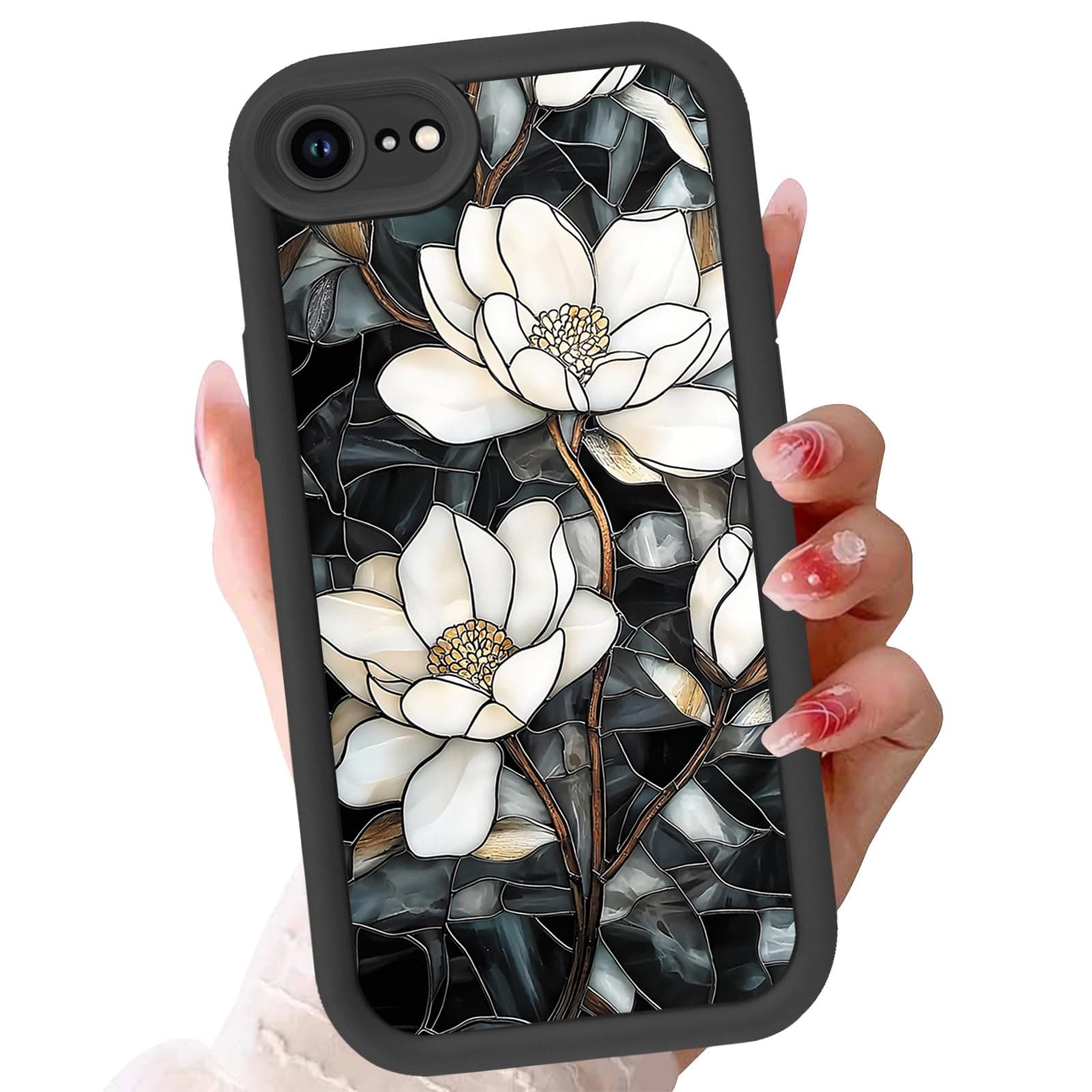 Aoldimu Cute Floral Case for iPhone SE 2022/SE 2020/8/7 4.7",Aestheti Flowers Cases White Lotu Stained Glass Orchid Print Cover for Girls Women,Black Soft Protective Funda for iPhone SE 2022/2020