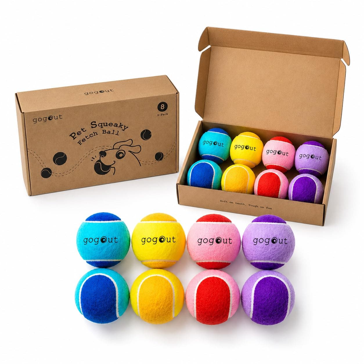 Gogout Pet Squeaky Fetch Ball, Multicolor Tennis Balls for Dogs, 2.5 Inches, 4 Pack, Interactive Play and Exercise (4, Large)