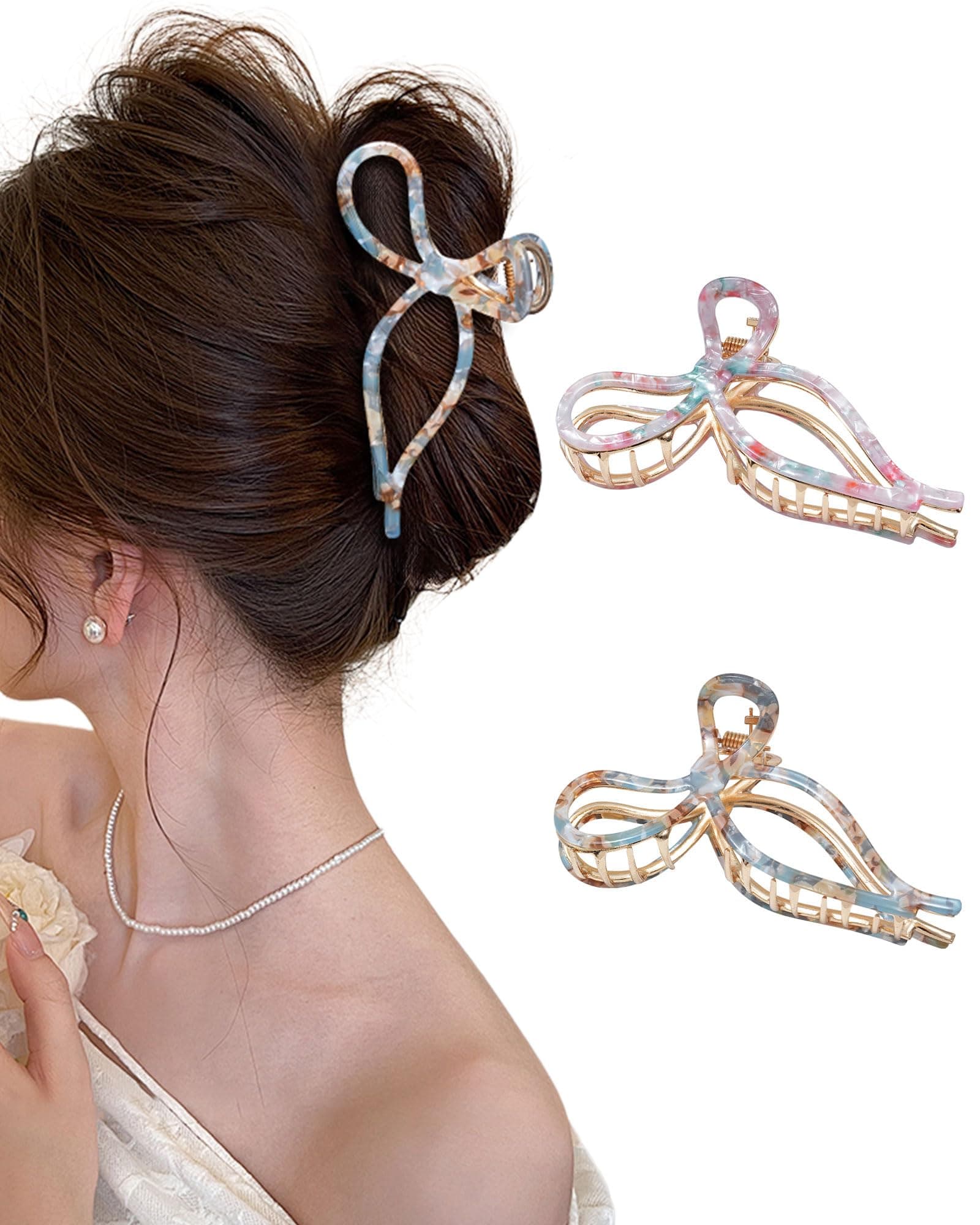 ACECHA 2 Pack Gold Metal Bow Hair Claw Clips for Women, 4.5" Colorful Non-slip Hairclips for Thick Thin Hair Claws Strong Hold Styling (Floral)