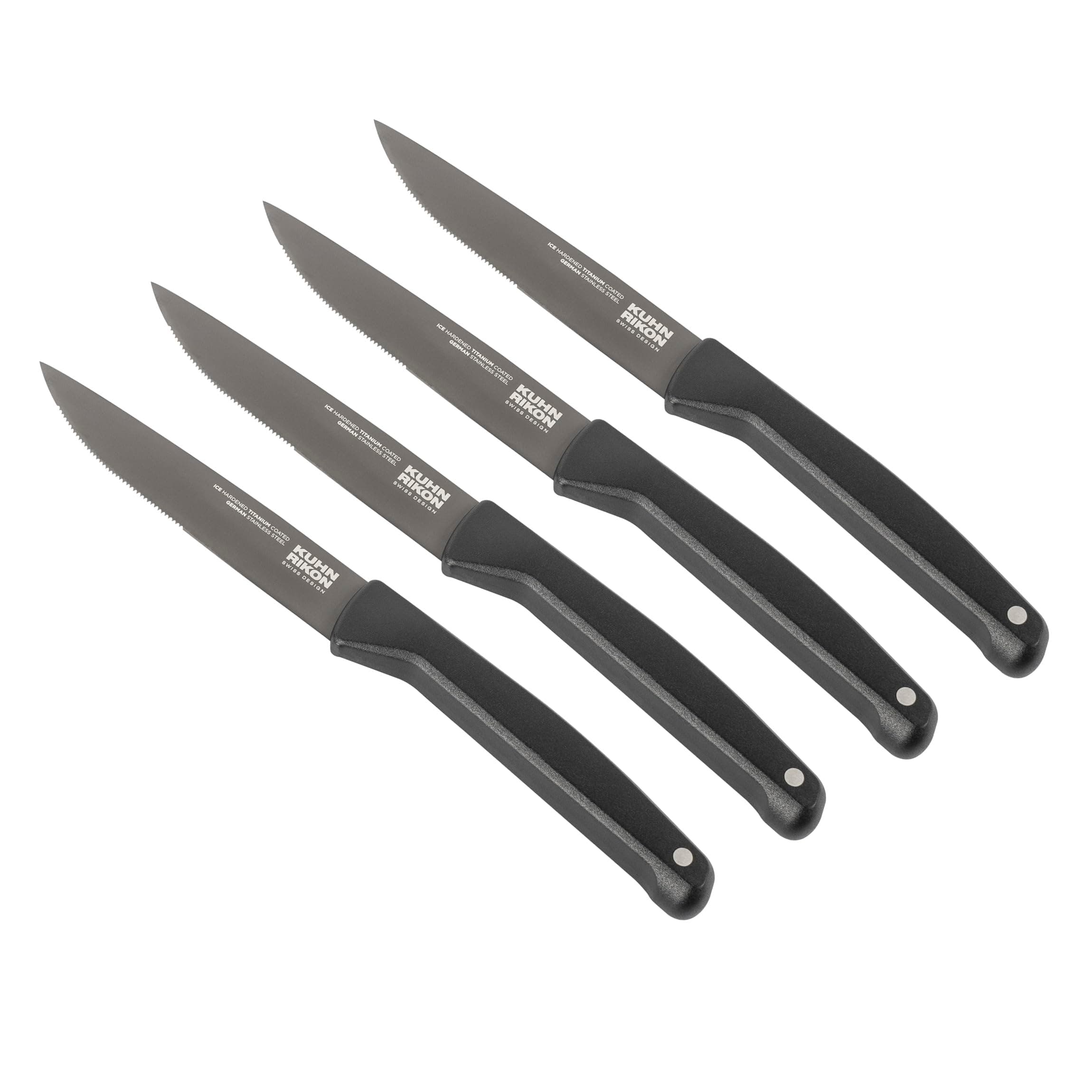 KUHN RIKON Iced Steak Knife 4-piece set with serrated blade and weighted handle. Total length = 22.5 cm. Blade length = 10.5 cm. Made of Ice Hardened Germain stainless steel. Corrosion resistant.