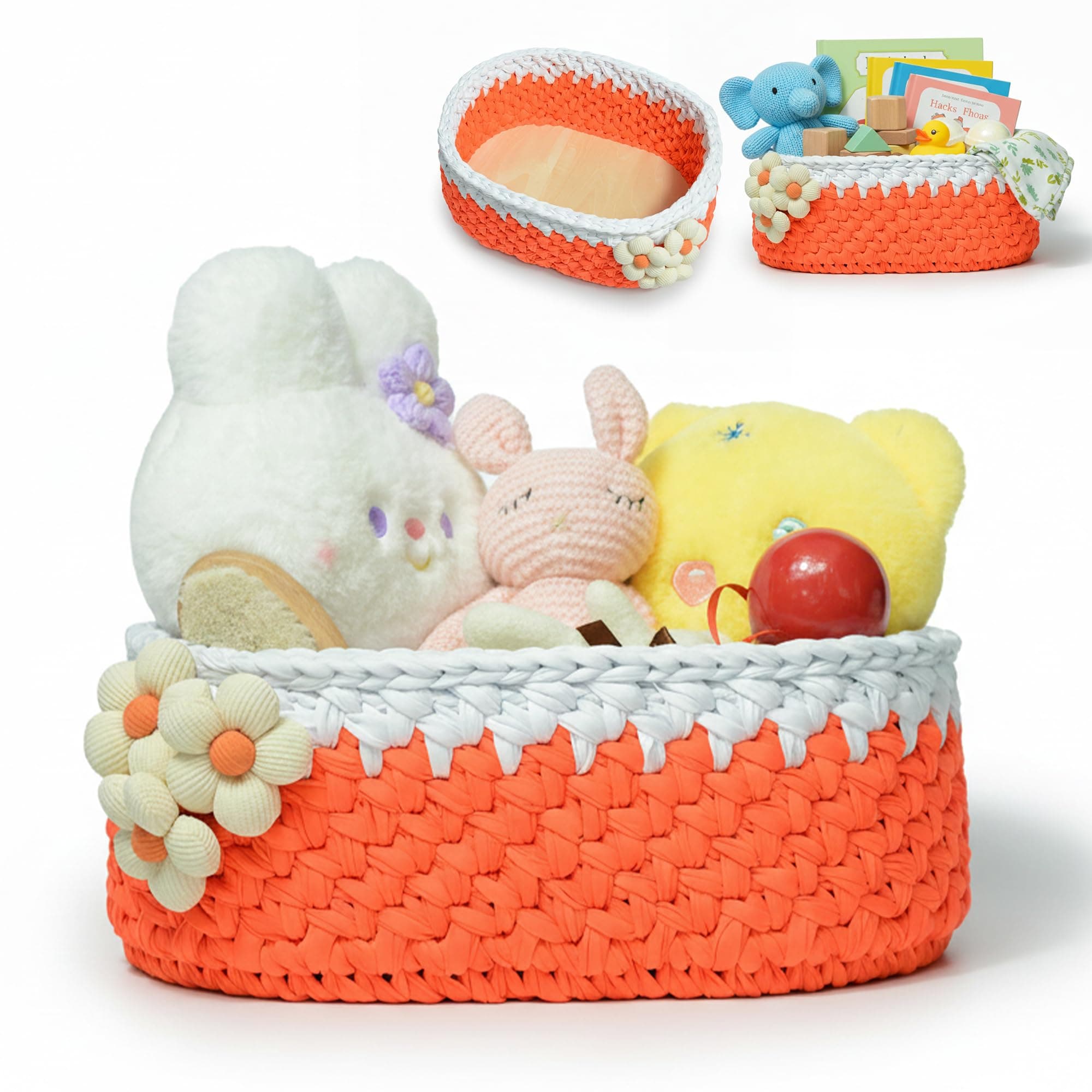 WAZIR GROW Large Handmade Crochet Storage Basket, Orange & White Organizer for Bathroom, Nursery, Living Room & Desk, Eco-Friendly Recycled Polyester Basket for Toys, Snacks, Toiletries & Cosmetics