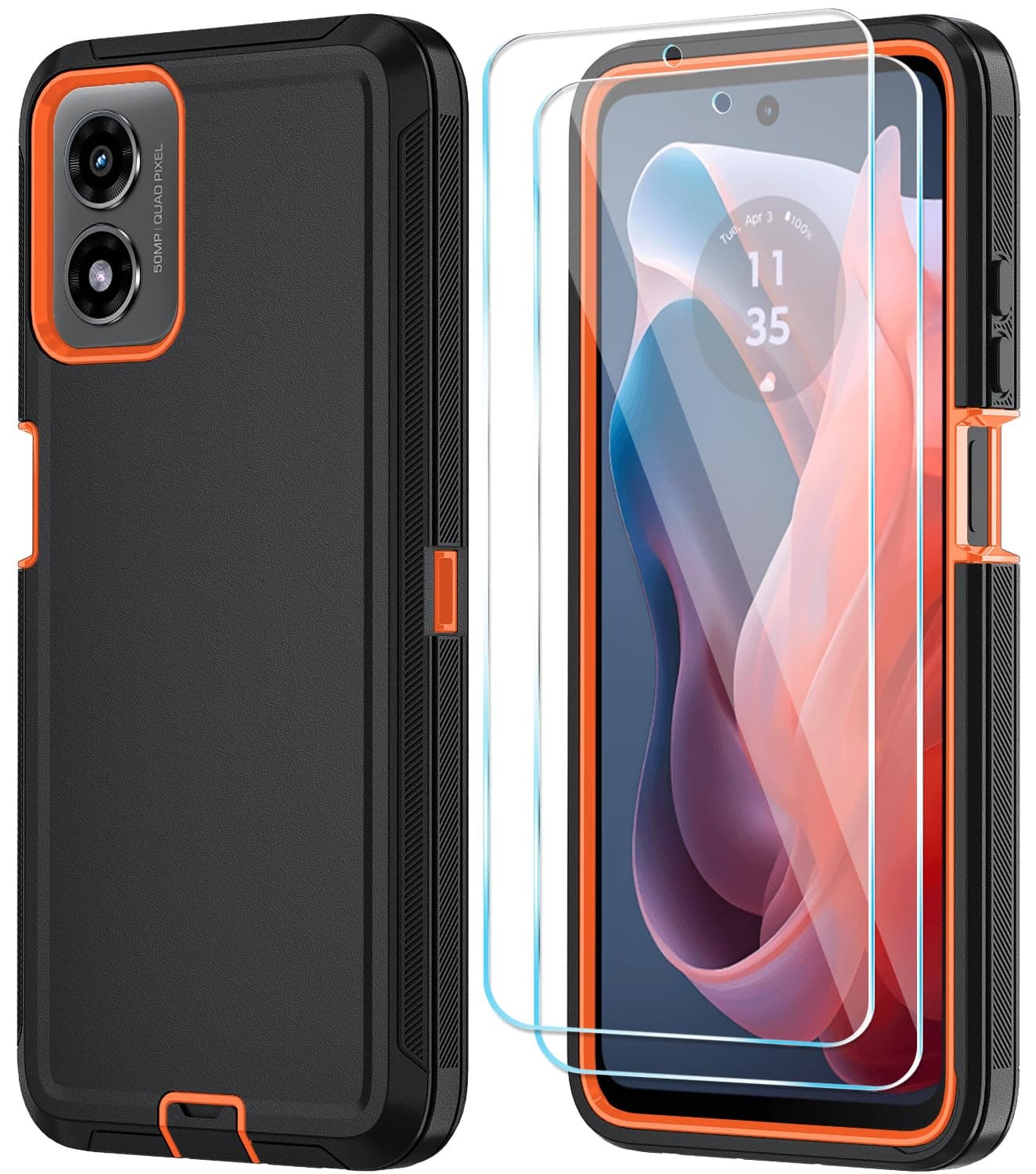 Qinmay Phone Case for Motorola Moto G 5G 2024 Case with HD Screen Protector, Shockproof 3-Layer Cover for Moto G 5G 2024,BlackOrange