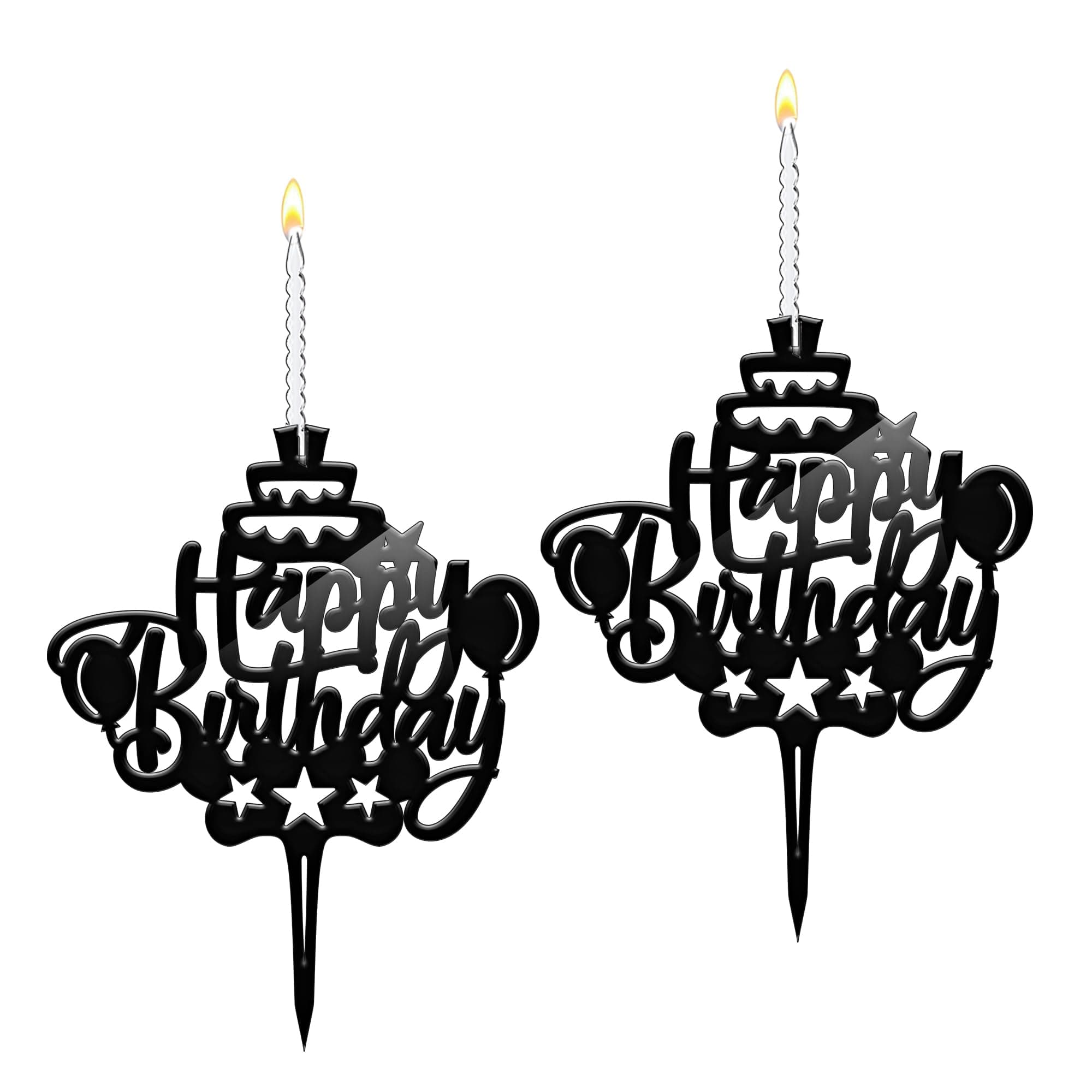 Happy Birthday Cake Topper Candle for Birthday Party Decorations, Acrylic Black, 2 Wicks, 2 pcs.