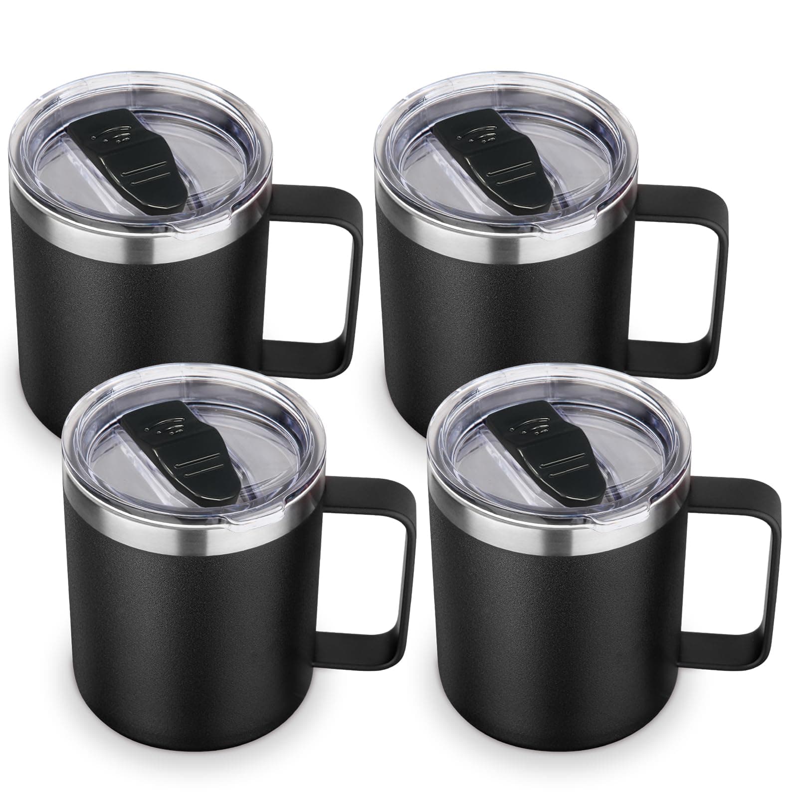 Volhoply 14oz Insulated Stainless Steel Coffee Mug with Lid Bulk 4 Pack,Double Wall Vacuum Travel Coffee Cup with Handle,Reusable Metal Cups Tumbler,Camping Mugs Keep Hot/Cold(Black,4)