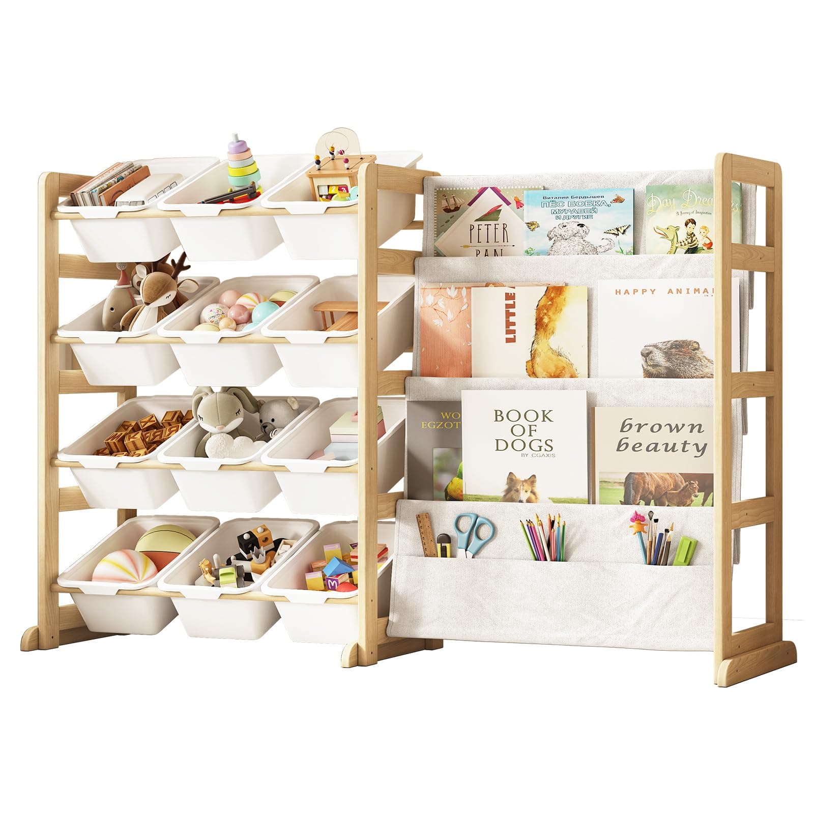 EXPERLAM Toy Storage Organizer with Bookshelf - 12 Storage Bins 4-Tier Multipurpose Shelf to Organize Toys and Books for Kids Room, Playroom, Nursery Room, White