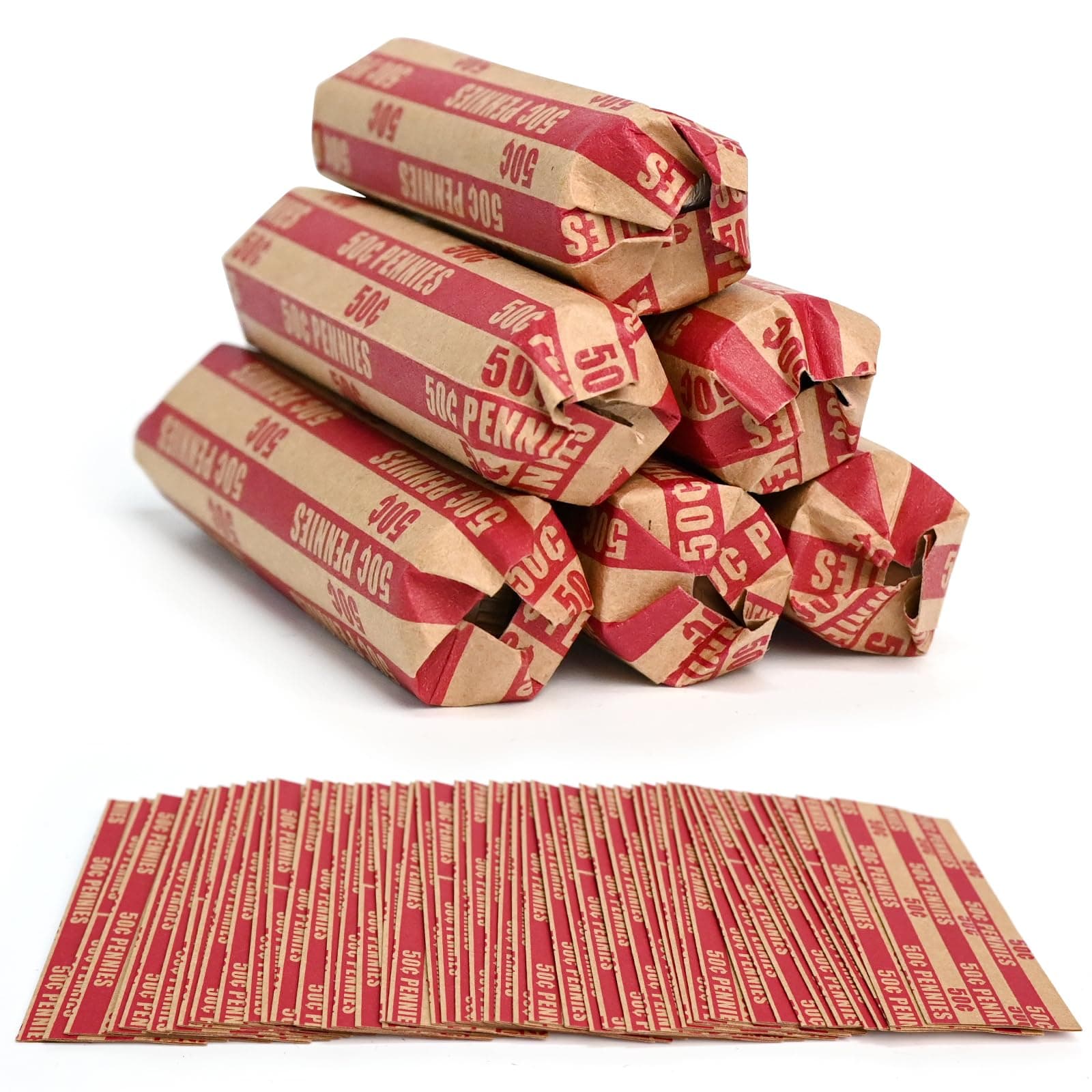 LLIKED 105 PCS Striped Flat Coin Wrappers Pennies Rolls, Red