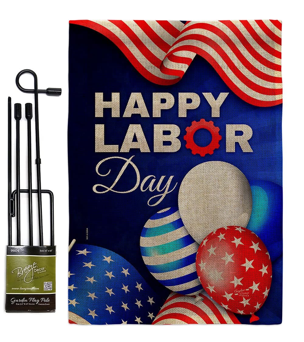 Angeleno Heritage Labor Day Balloon Burlap Garden Flag Set with Stand Star and Stripes Patriotism Independence Memorial United State American House Banner Small Yard Gift Double-Sided, Made In USA