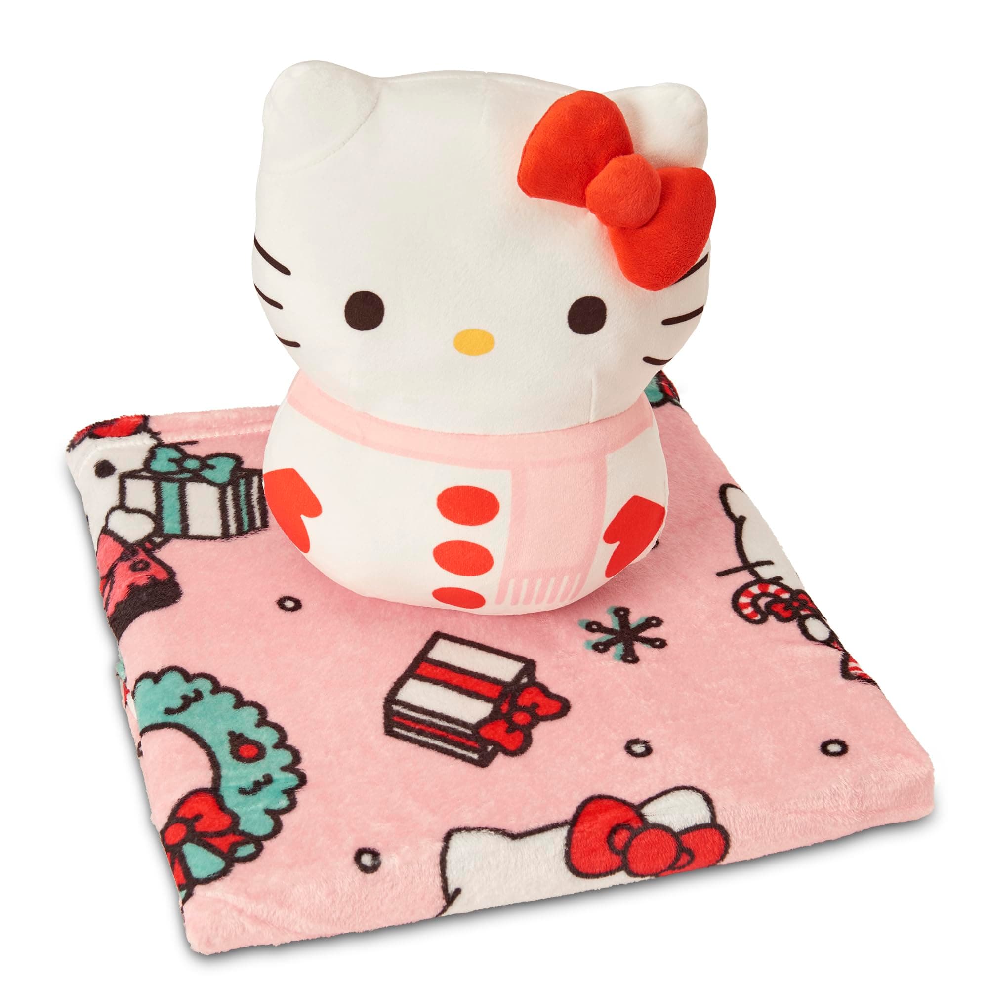 Hello Kitty Snow Merry Hugger Pillow and Throw Blanket Set – 11 inch Character Plush with 40x50 inch Soft Fleece Blanket – Cozy for Kids, Girls, Boys, Travel, Nap Time