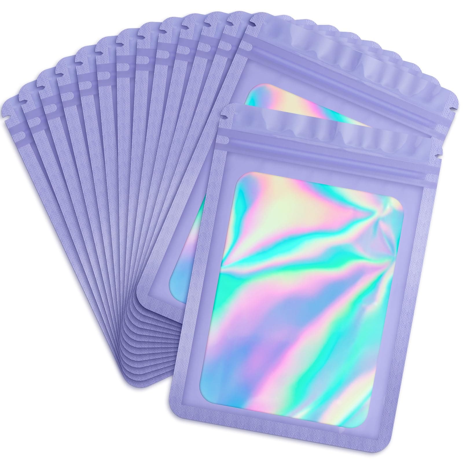 Durimoiy 100-pack mylar bags with clear window holographic small bussiness resealable zipper pouch bags sample, food,jewelry(4×6 inch,purple )