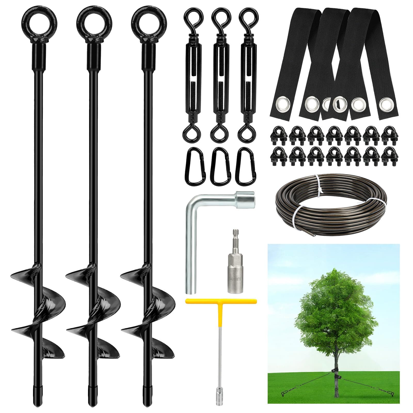 hannger 3 Pack 18" Tree Stakes and Supports for Leaning Trees, Tree Stake Kit Heavy Duty, Tree Supports Stakes with 3 Straps & 3 Turnbuckles & 3/16 PVC Coated Wire Rope