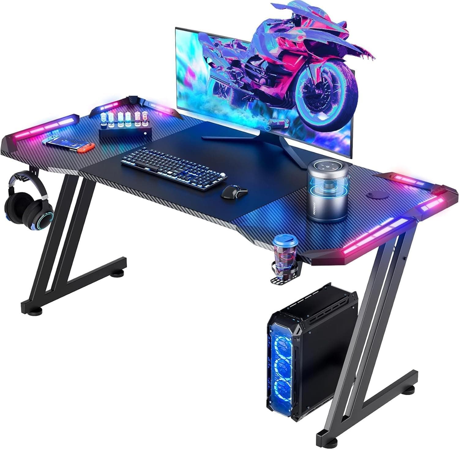 HLDIRECT 47 Inch Gaming Desk Z Shaped Carbon Fiber Computer Desk with LED