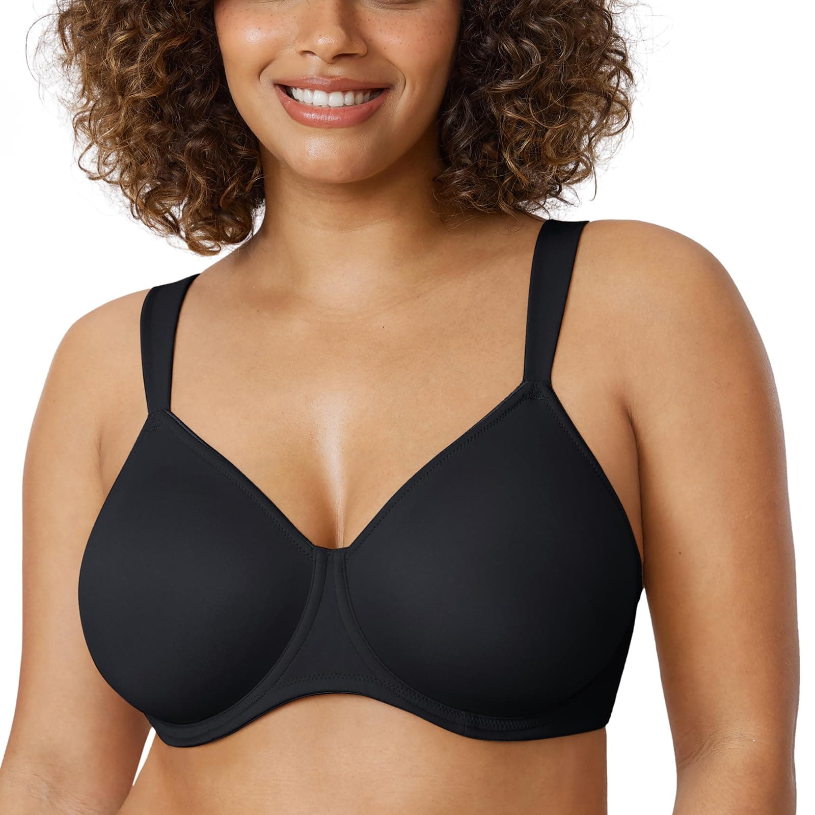 Delimira Women's Non-Padded Minimiser Bras Full Coverage Seamless Underwire Plus Size Smooth T Shirt Bra Black 36DD