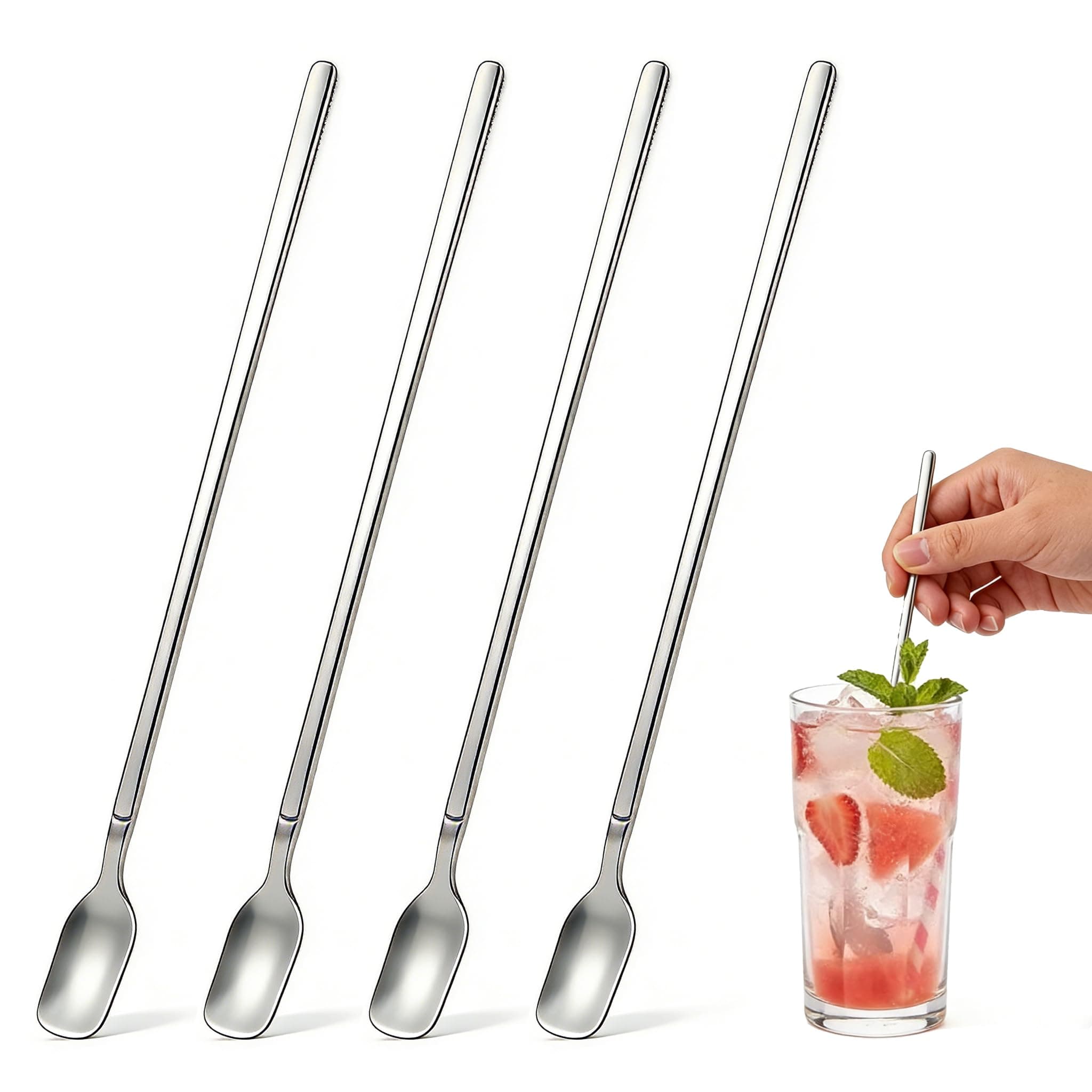 4 PCS 11.4 Inches Long Handle Coffee Spoons,Premium Stainless Steel Mirror Finish Gift Set,Iced Tea & Cocktail Stirring Spoons for Dessert,Bar,Dishwasher Safe