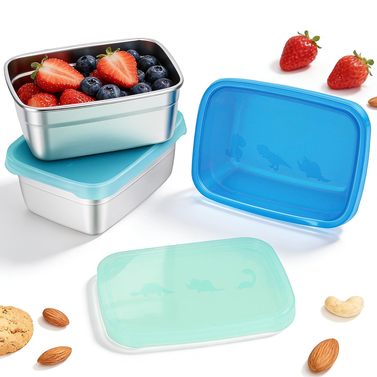 Tanjiae 3-Pack Stainless Steel Snack Containers for Kids & Toddlers - 550ml (18oz) Leakproof Colorful Lids with Cute Dinosaurs | LFGB Certified, Stackable Metal Lunch Box for Daycare, School, Travel