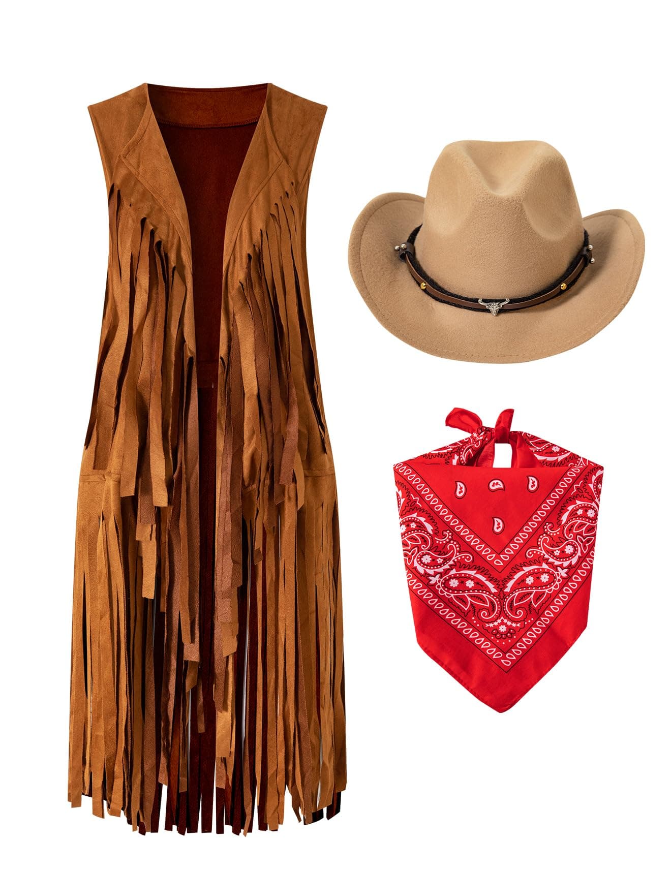 Nwnip Halloween Dress up Cowgirl Fringe Western Cowgirl dress up 70s hippie dress up Cowgirl Fringe fringe vest (Brown,L)