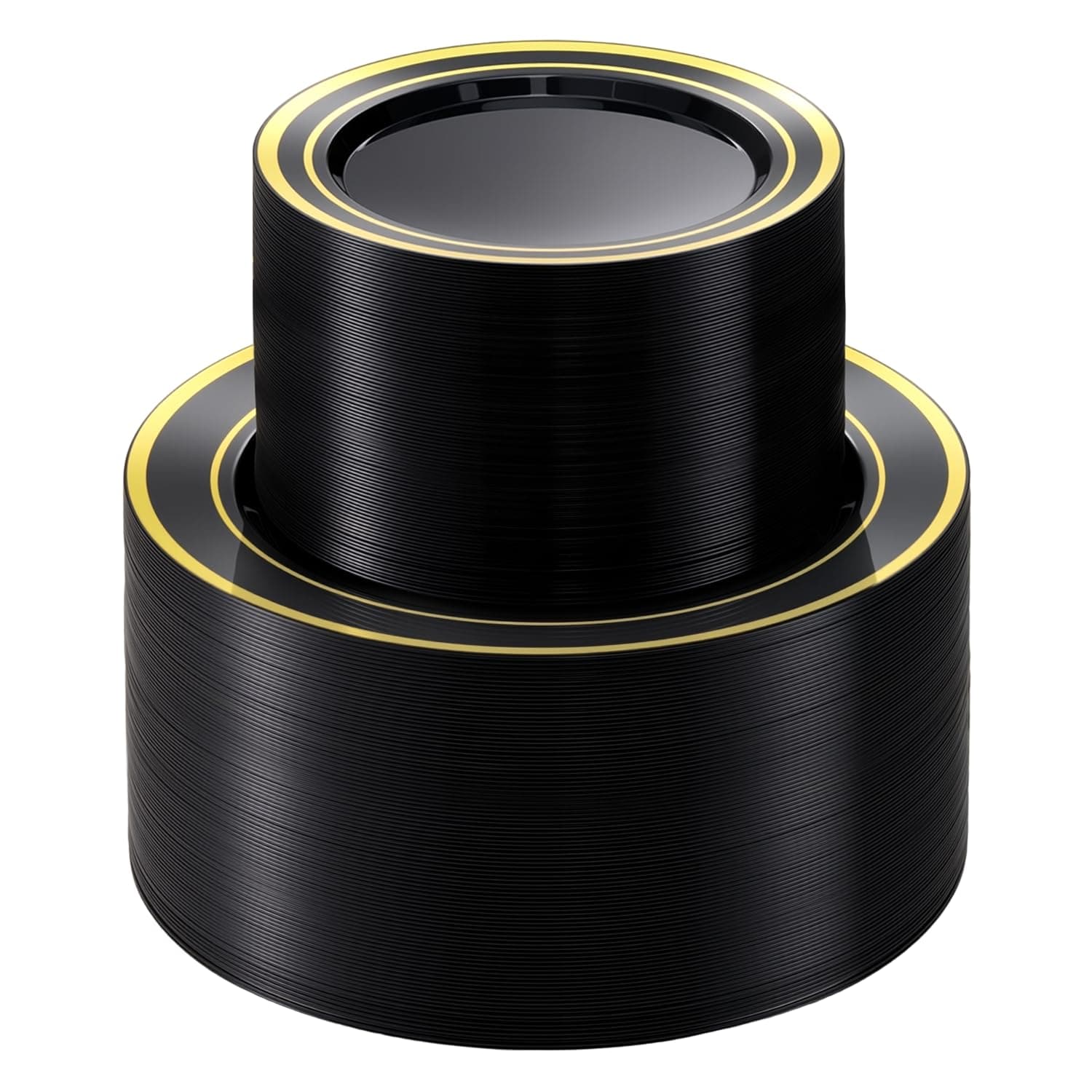 BESTVIP 200PCS Black Plastic Plate with Gold Rim, Disposable Party Plates with 100 Dinner Plates and 100 Dessert Plates, Plastic Plates for Party, Wedding and Birthday