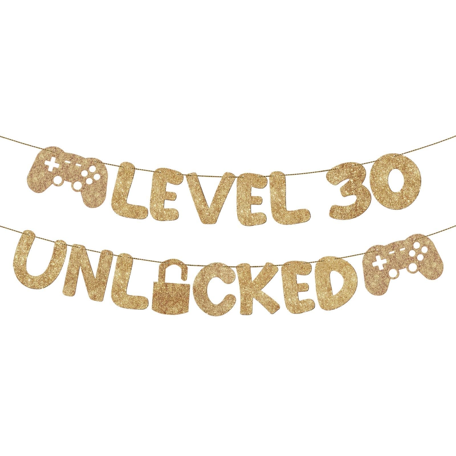 Fulmoon Pre Strung Level 30 Unlocked Banner Glitter 30th Birthday Party Decorations Funny 30 Year Old Party Sign for Man Woman Indoor Outdoor(Champagne Gold)