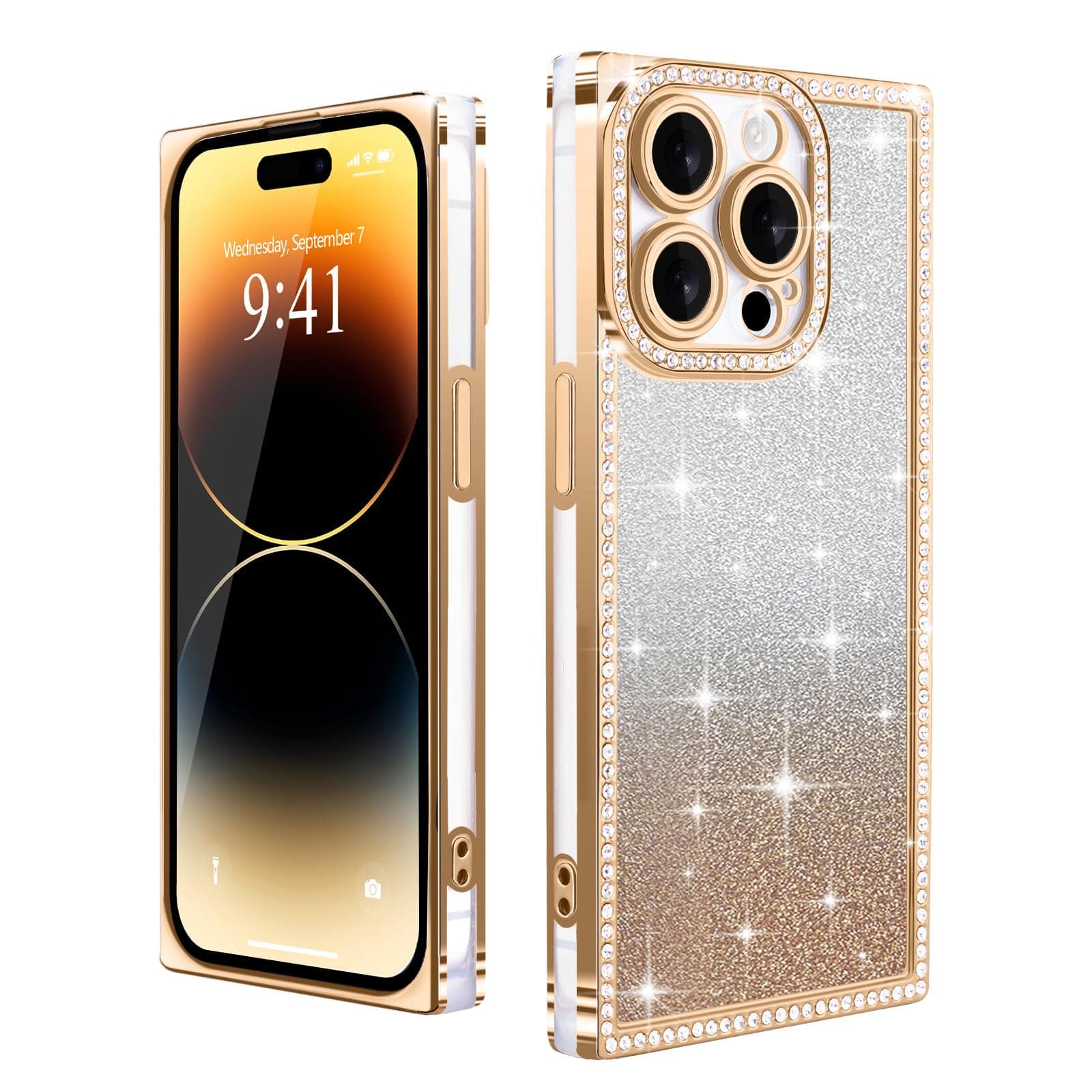 Urarssa for iPhone 14 Pro Max Case Glitter, Rectangle Cute Plating Luxury Sparkle Gradient Clear Cover for Women Girls,Raised Full Camera Lens Protection Shockproof Case for iPhone 14 Pro Max Gold