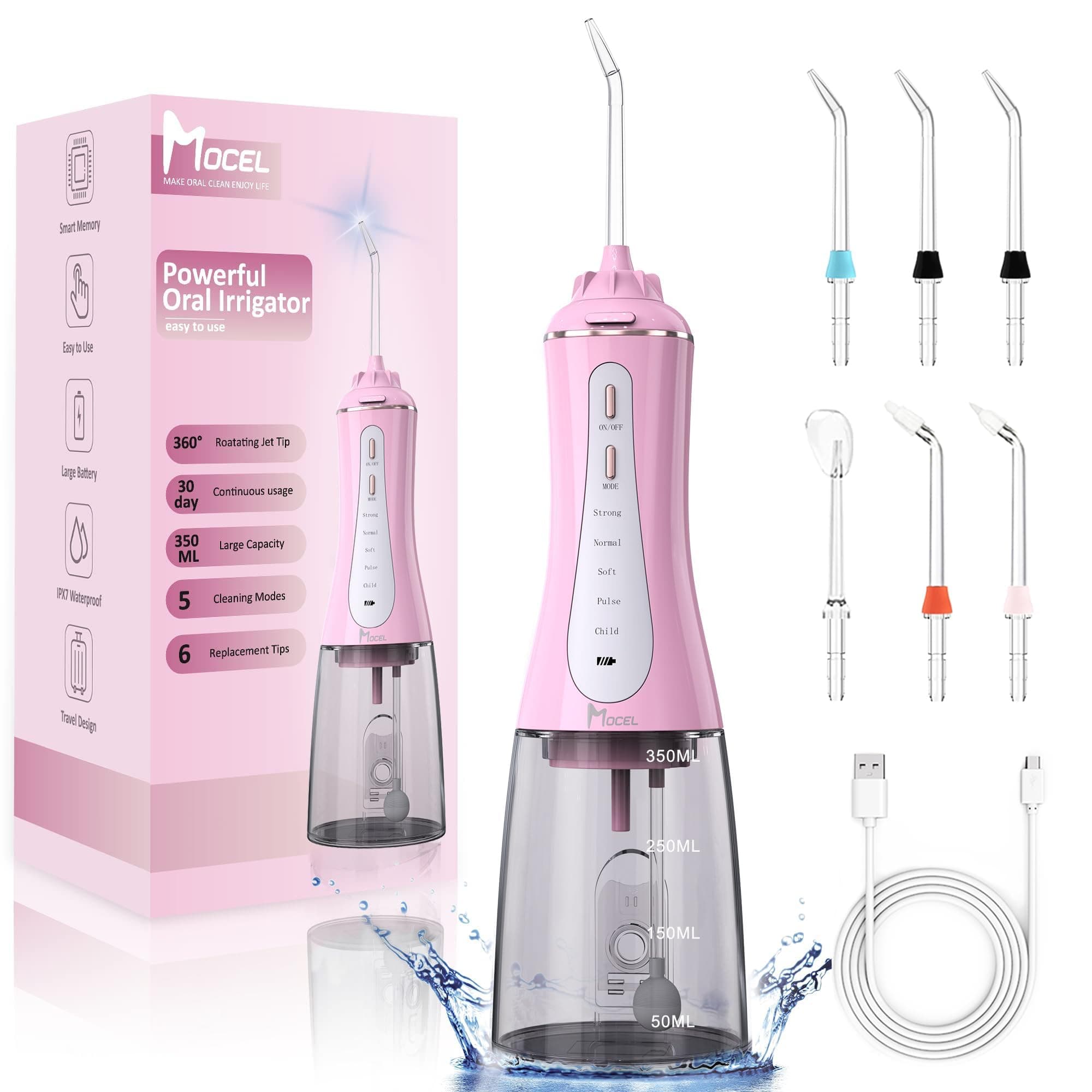 MOCEL Water Dental Flosser Oral Irrigator with 5 Modes, 350ml Cordless Water Teeth Cleaner Pick 6 Tips, IPX7 Waterproof Portable Powerful Battery for Travel (Pink)