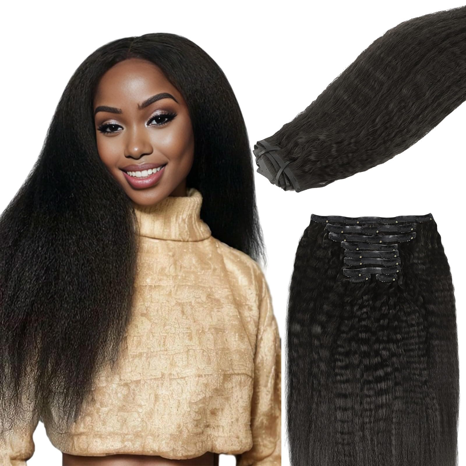 Lashey Clip in Hair Extensions 9pcs 130g Kinky Straight Human Hair Clip in Extensions 14 Inch #1B Natural Black Ultra Thin PU Hair Extension for Women