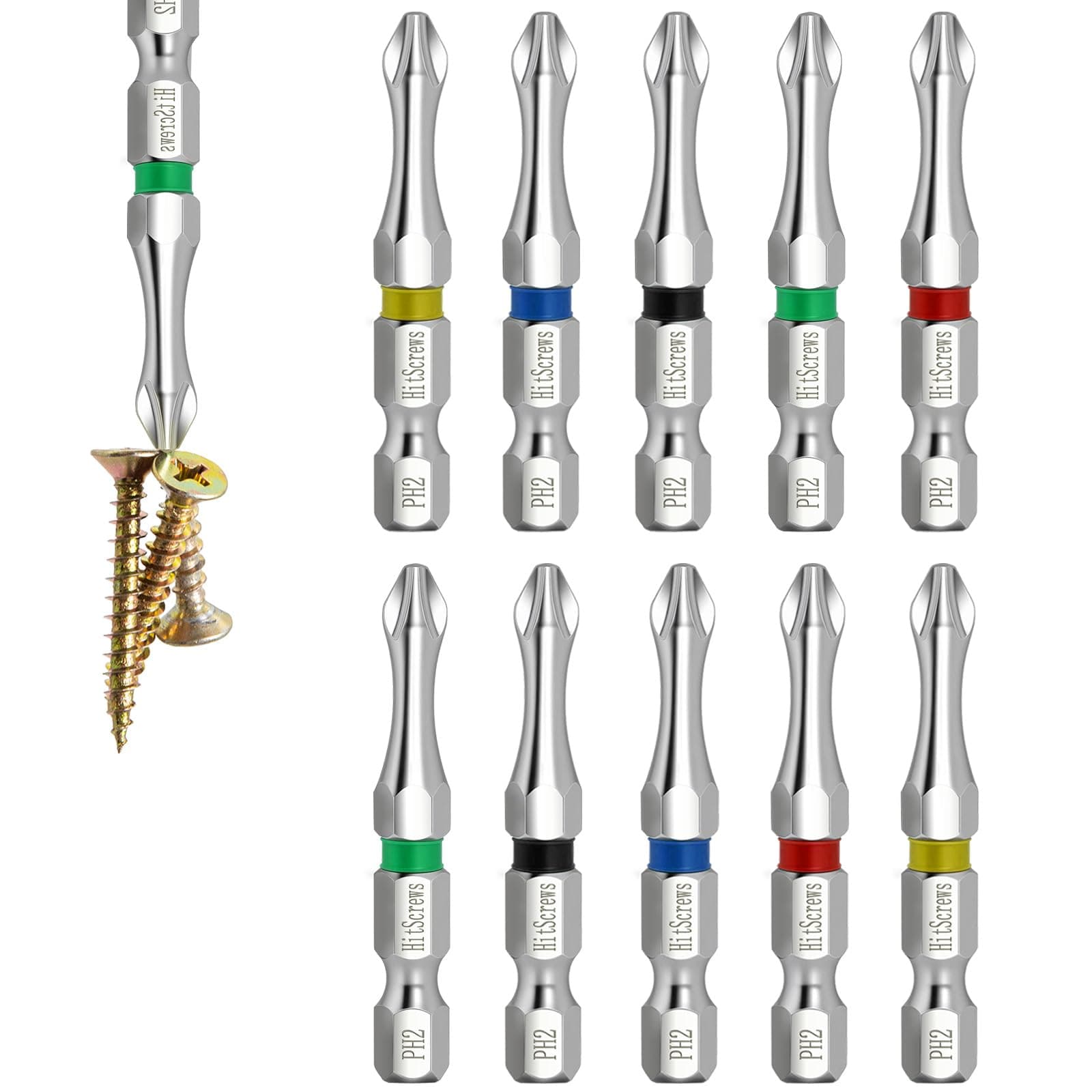 Hitscrews Magnetic Screwdriver Bits PH2, 2" Impact Driver Bits #2, S2 Steel Chrome Finish Phillips Bits for Impact Driver, Home Improvement & DIY - 10 Pack