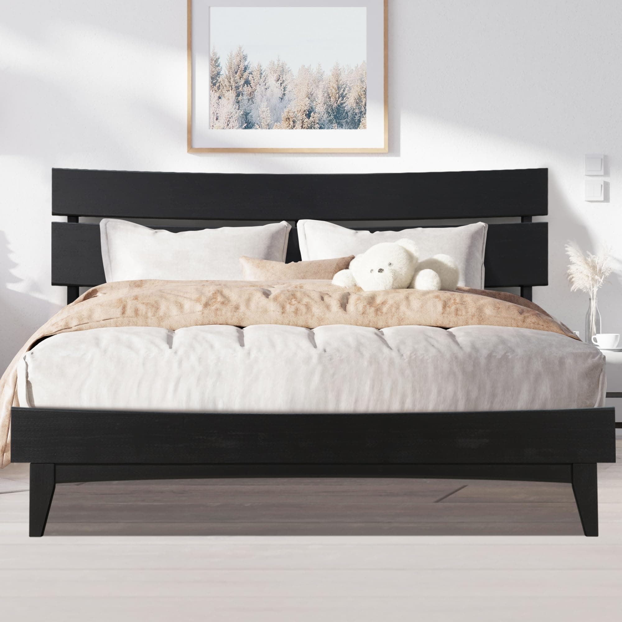 Acacia Aurora Wooden Frame with Headboard, Solid Wood Platform Bed, Easy Assembly, No Box Spring Needed (Black Ristretto, King)