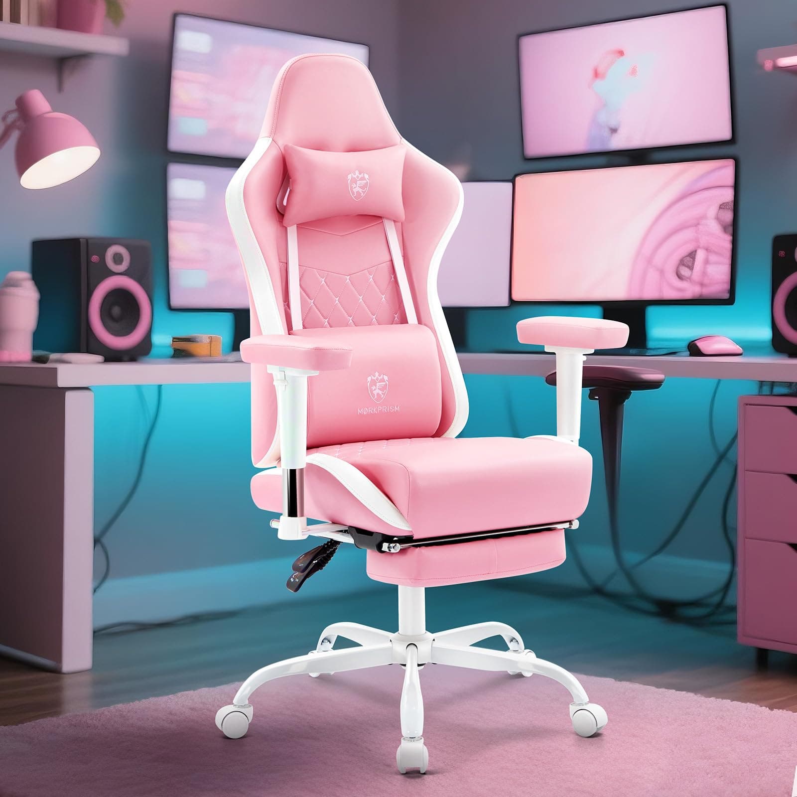 Morkprism Gaming Chair,Computer Office Chair with Footrest,Massage,Pink