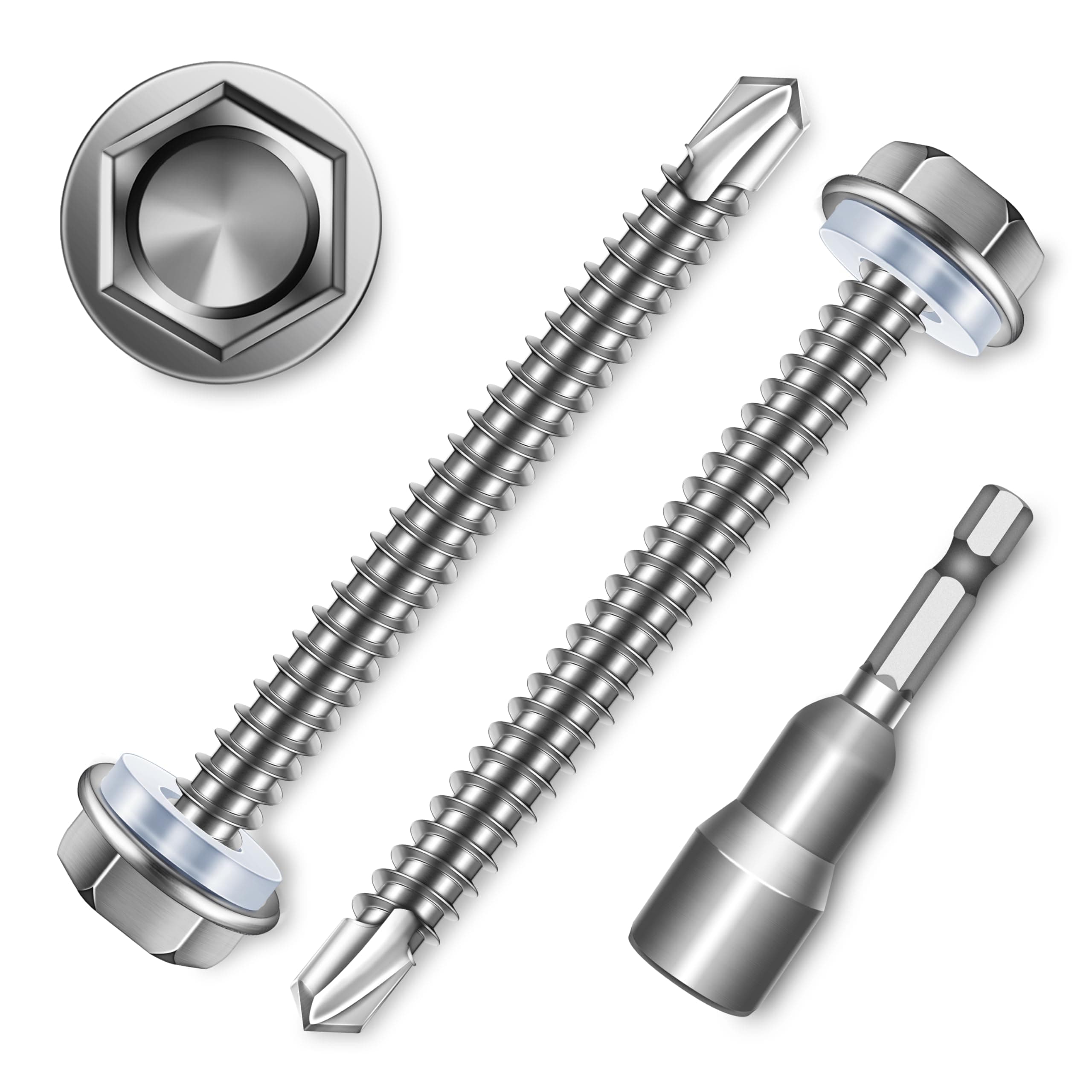 EASTPUK 50Pcs #10 x 2 Sheet Metal Screws, 410 Stainless Steel Self Drilling Hex Washer Head Self Tapping Screws for Metal with Drill Bit