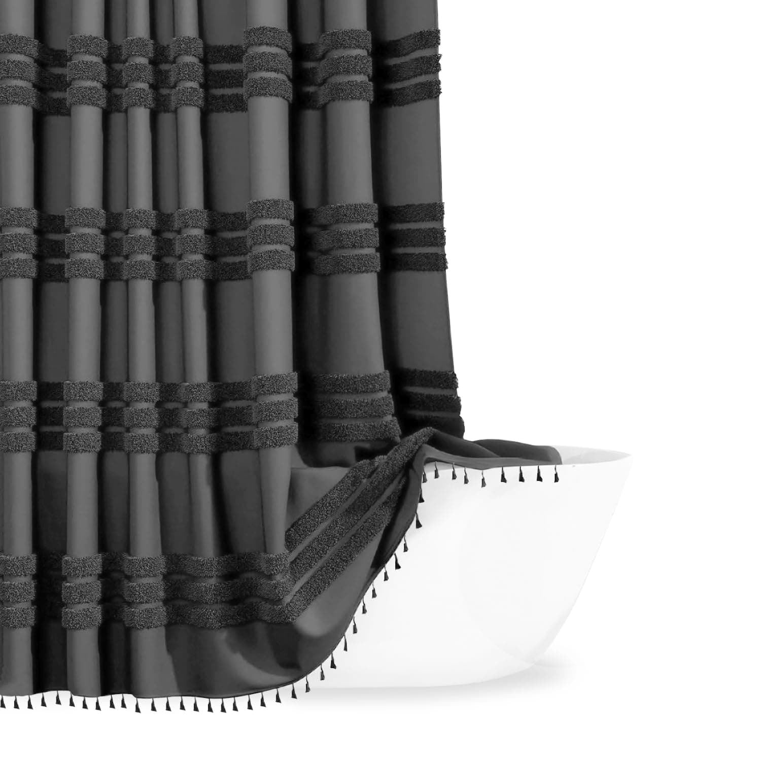 Inhousolu Woven Fabric Shower Curtain, 256GSM, Boho Tufted Textured Striped Tassel, Wrinkle Free, Modern Farmhouse Minimalist, Water-repellent Cloth Bath Curtain for Bathroom 72"W x 72"L Graphite Grey
