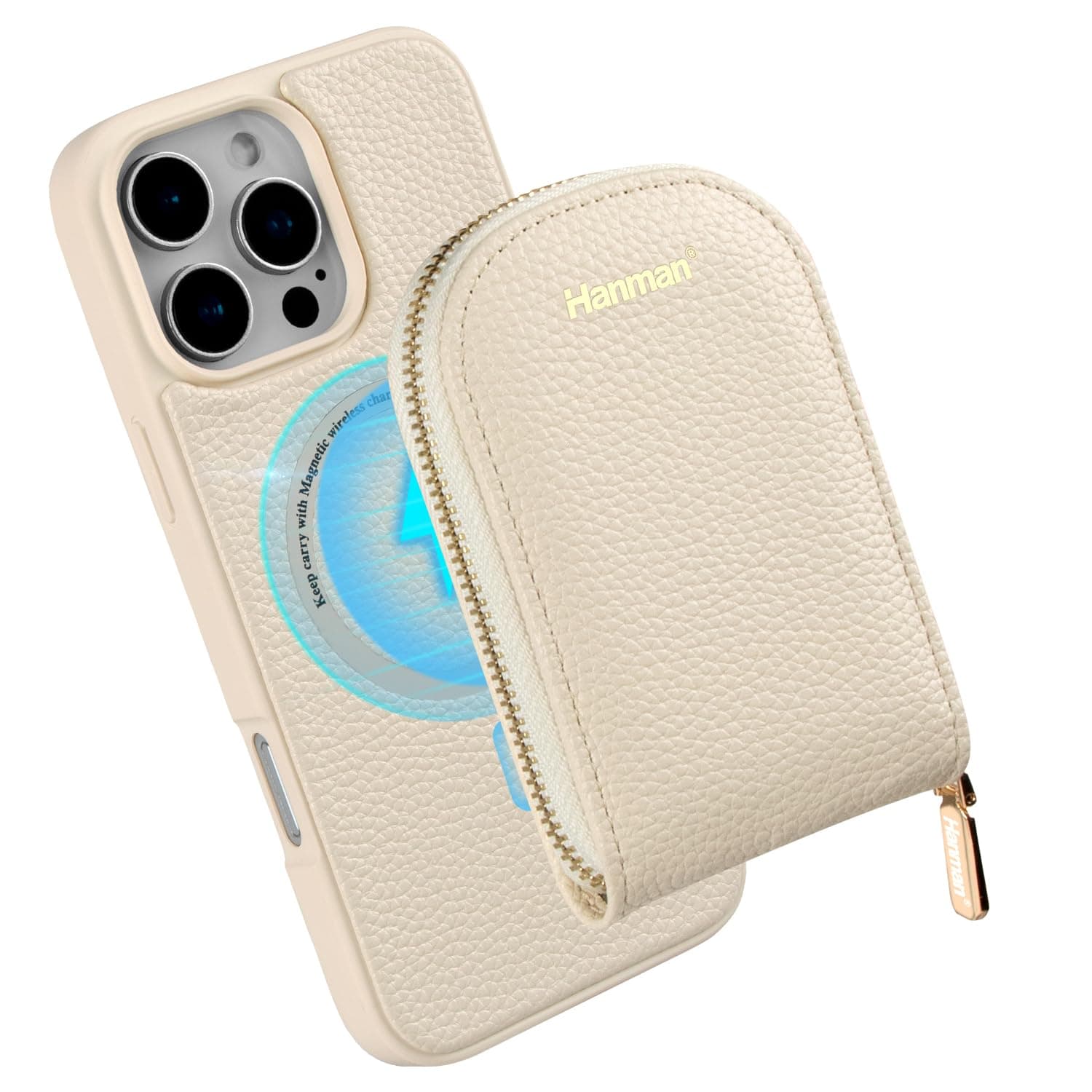 Hanman Magnetic Wallet Case for iPhone 16 Pro,RFID Blocking PU Leather Zipper Purse Magnetic Cover Suitable for iPhone 16 Pro,Magnetic Wallet Card Holder Case for iPhone 16 Pro-Beige