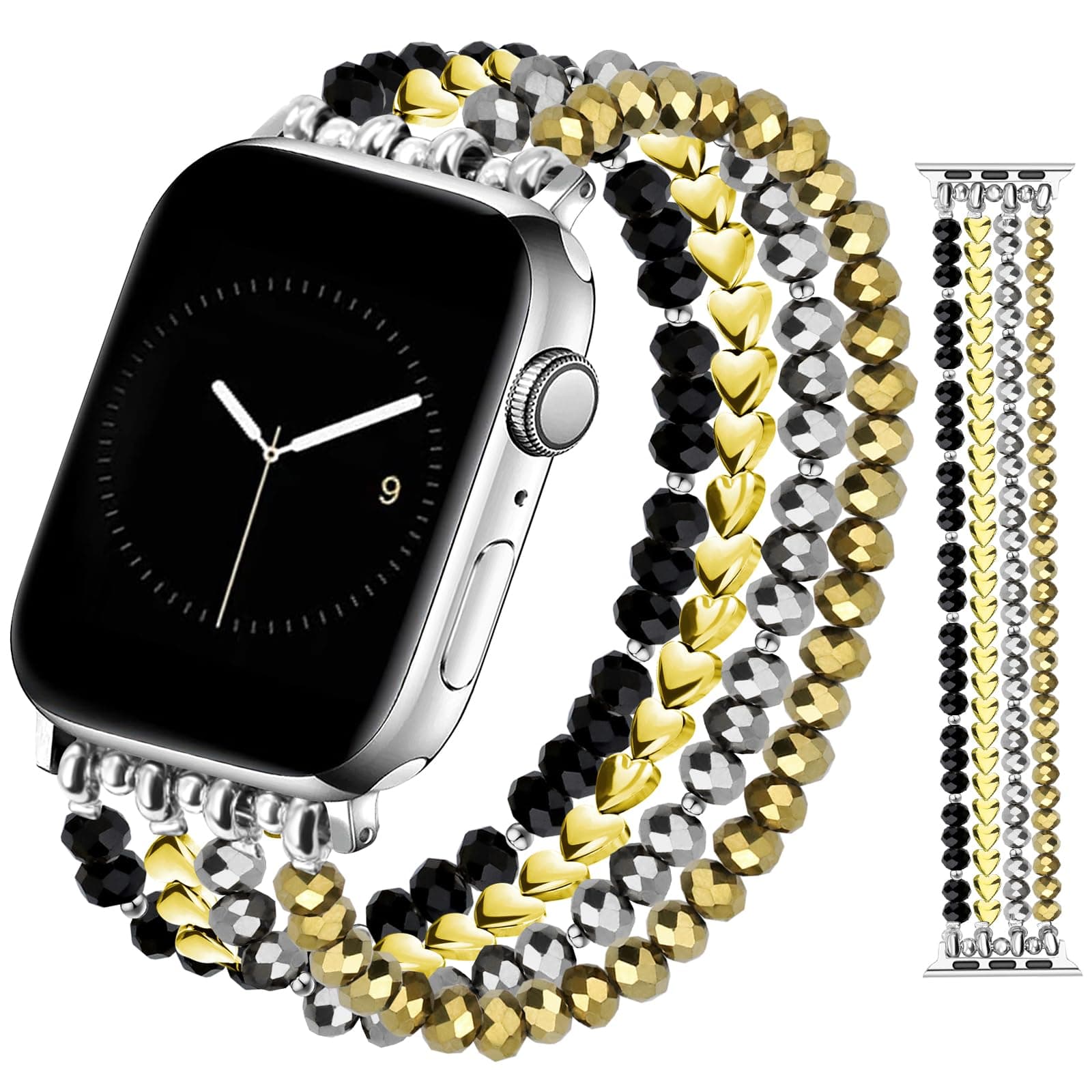 JR.DM Beaded Bracelet Bands for women Compatible with Apple Watch 40mm 38mm 41mm 44mm 42mm(S10/11) Fashion Cute Dressy Stretchy Handmade Strap for iWatch Series 11/10/9/8/7/6/5/4/SE 3/2/1(Black/Gold)