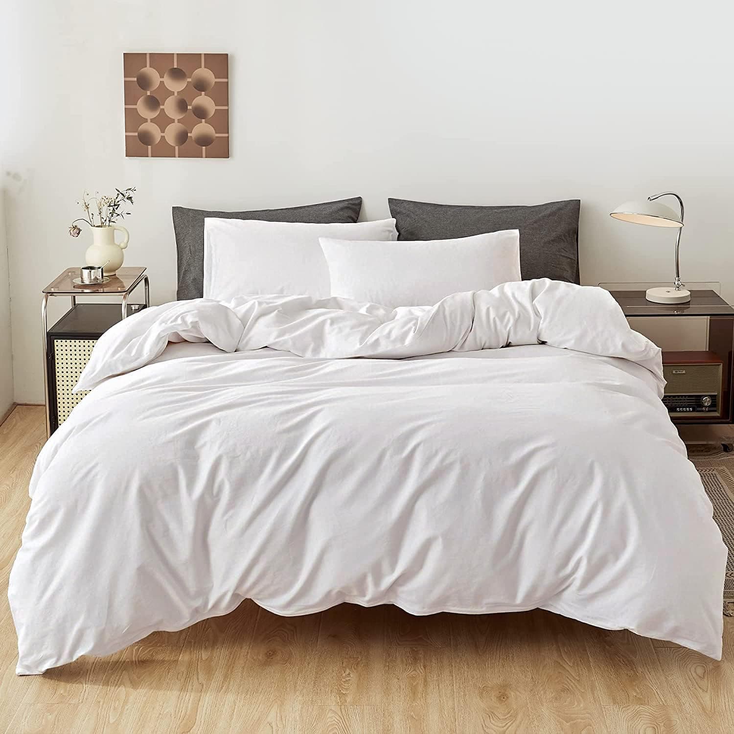 FANSTIVE White Cotton Duvet Cover Set Linen Feel, Queen