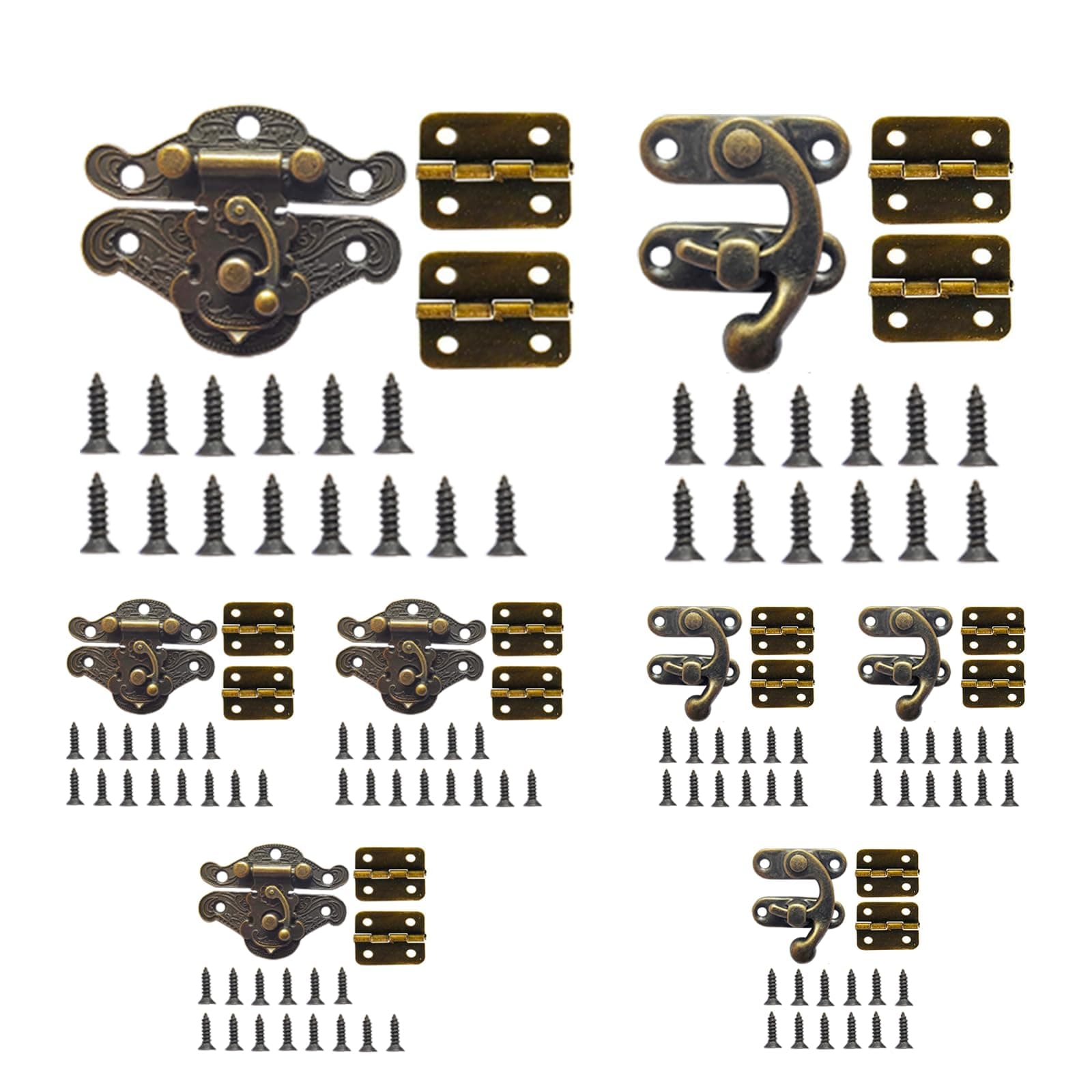 EAEDMY 36 Sets Retro Jewelry Box Hinges and Latches Hardware, Small Bronze Brass Latch Hinges for Wooden Jewelry Box and Decorative Cabinet, with Matching Screws Kit(Catch*12 + Hinges*24) (24)